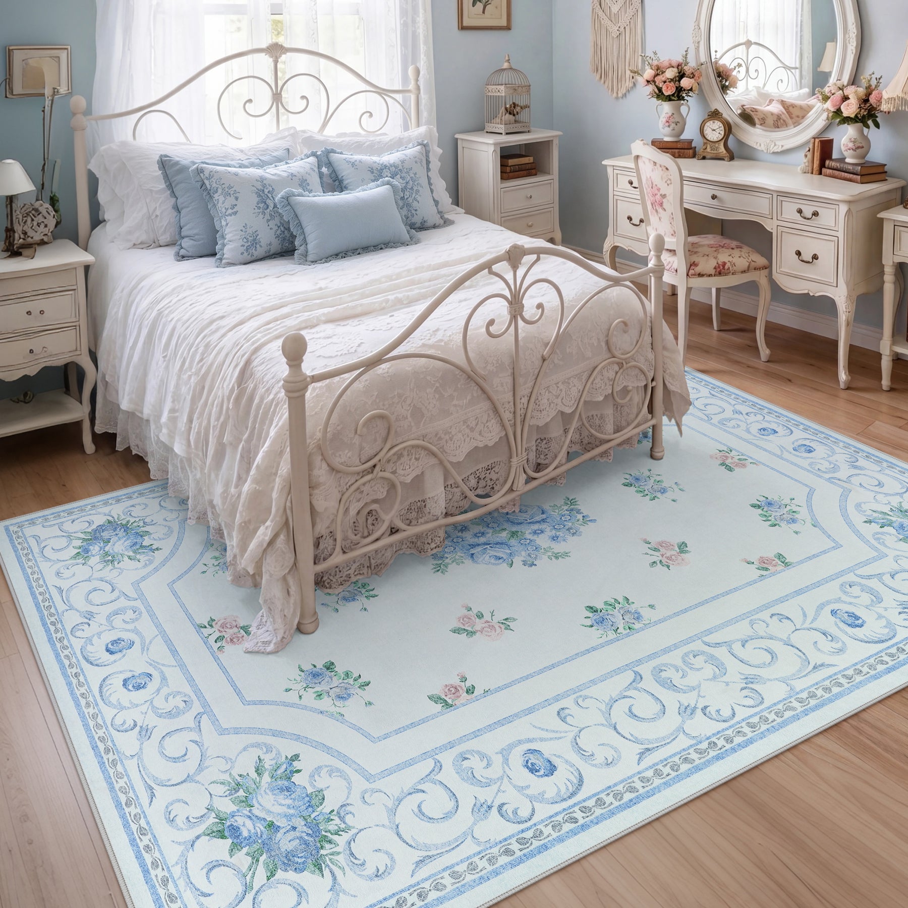 5x7/8x10 Boho Floral Area Rug, Vintage Soft Washable Low Pile Nursery Living Room Carpet, Oeko-Tex Certified