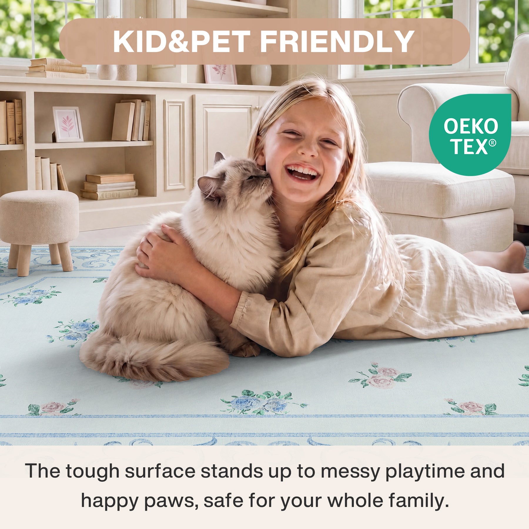 5x7/8x10 Boho Floral Area Rug, Vintage Soft Washable Low Pile Nursery Living Room Carpet, Oeko-Tex Certified