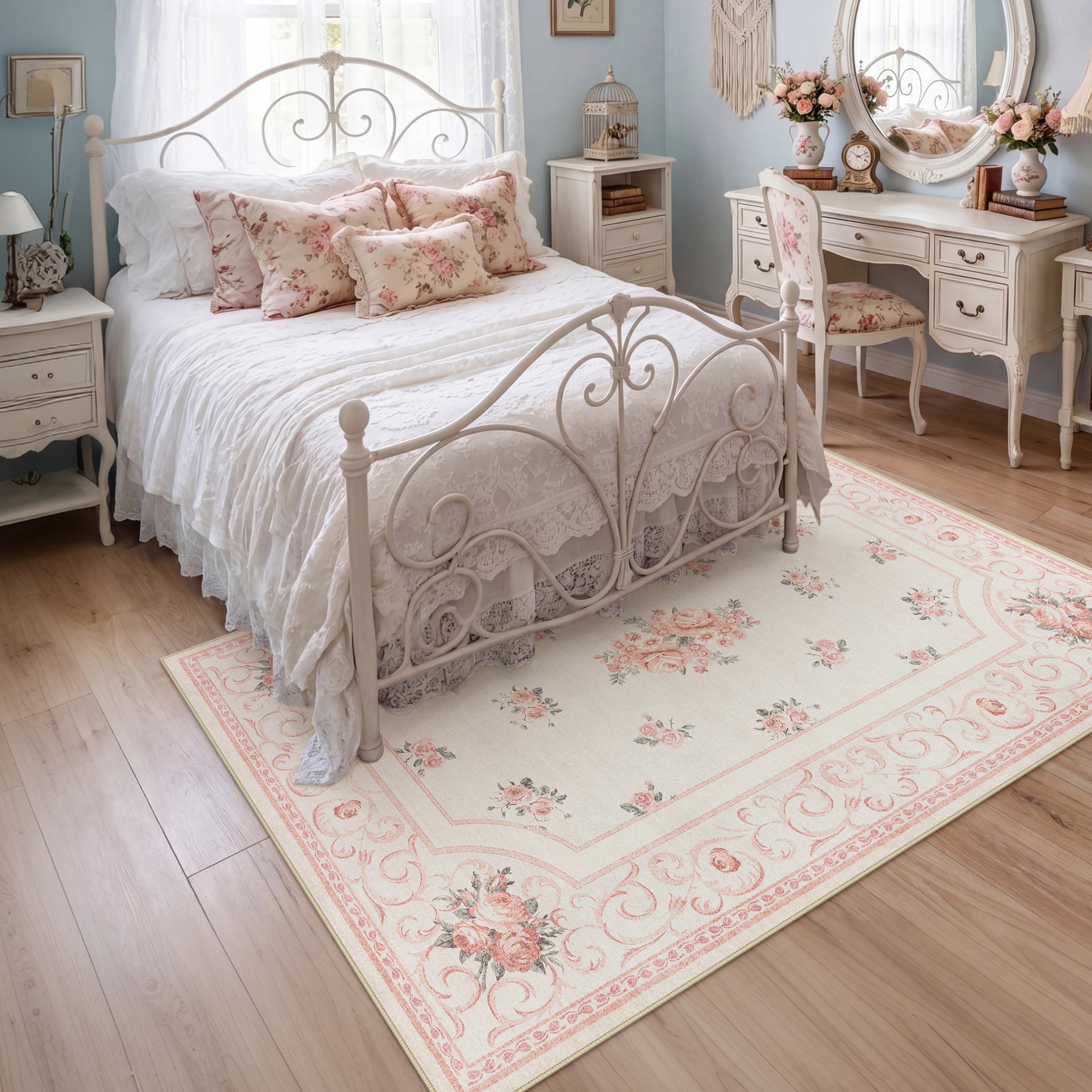 5x7/8x10 Boho Floral Area Rug, Vintage Soft Washable Low Pile Nursery Living Room Carpet, Oeko-Tex Certified