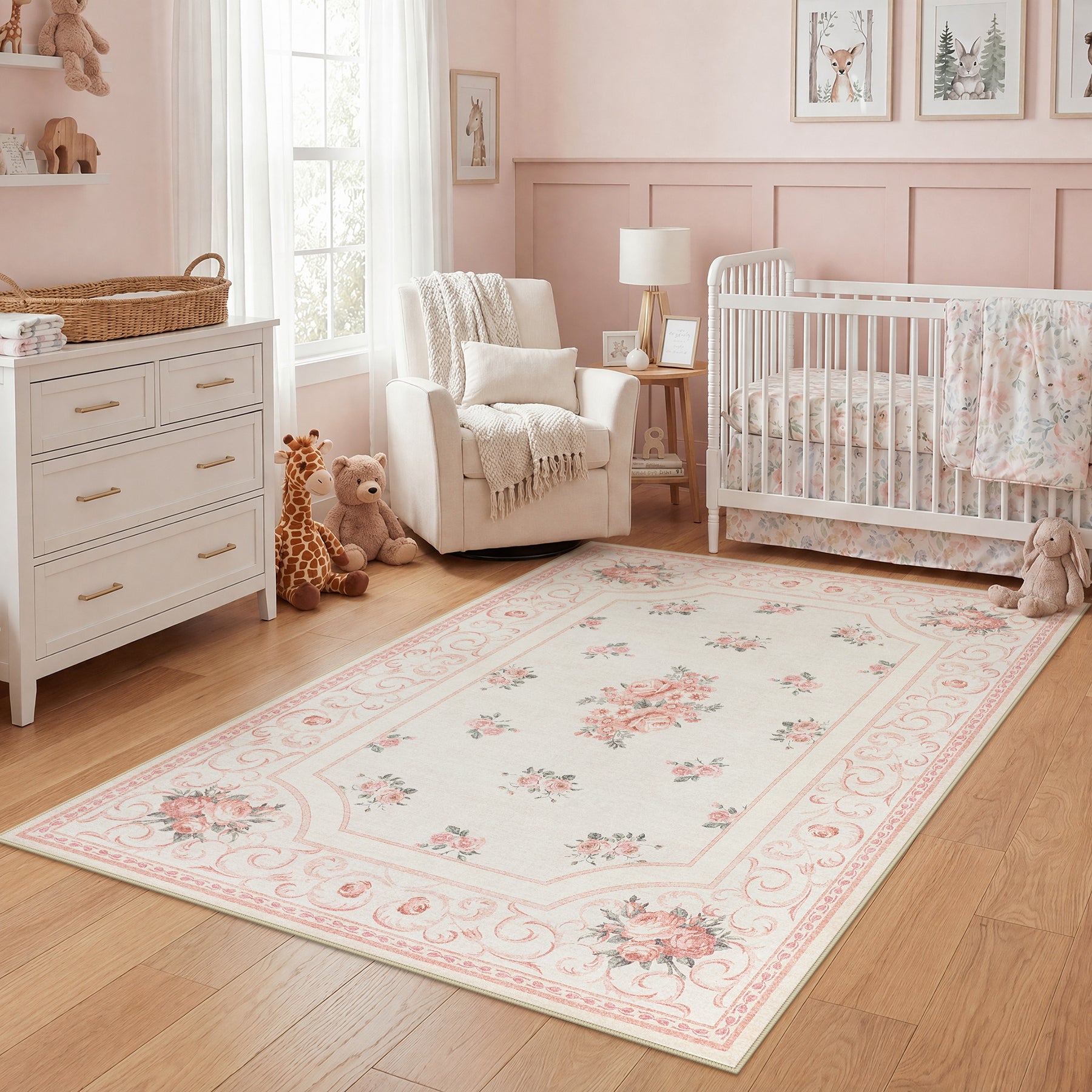 5x7/8x10 Boho Floral Area Rug, Vintage Soft Washable Low Pile Nursery Living Room Carpet, Oeko-Tex Certified