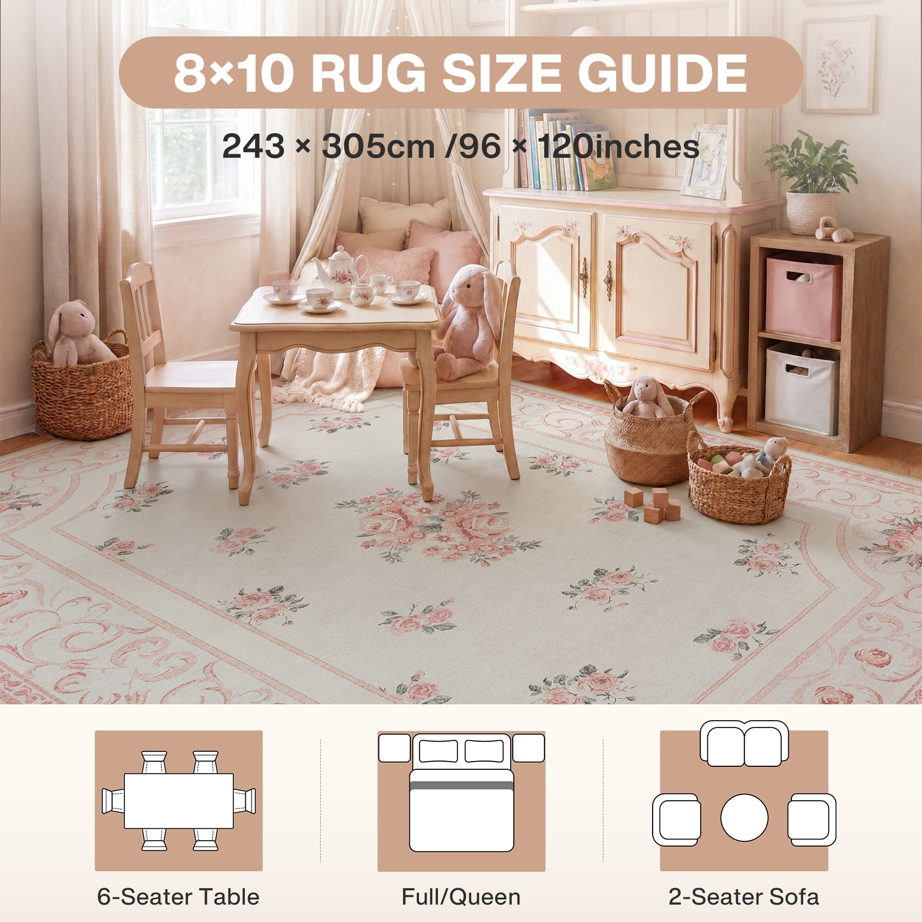 5x7/8x10 Boho Floral Area Rug, Vintage Soft Washable Low Pile Nursery Living Room Carpet, Oeko-Tex Certified