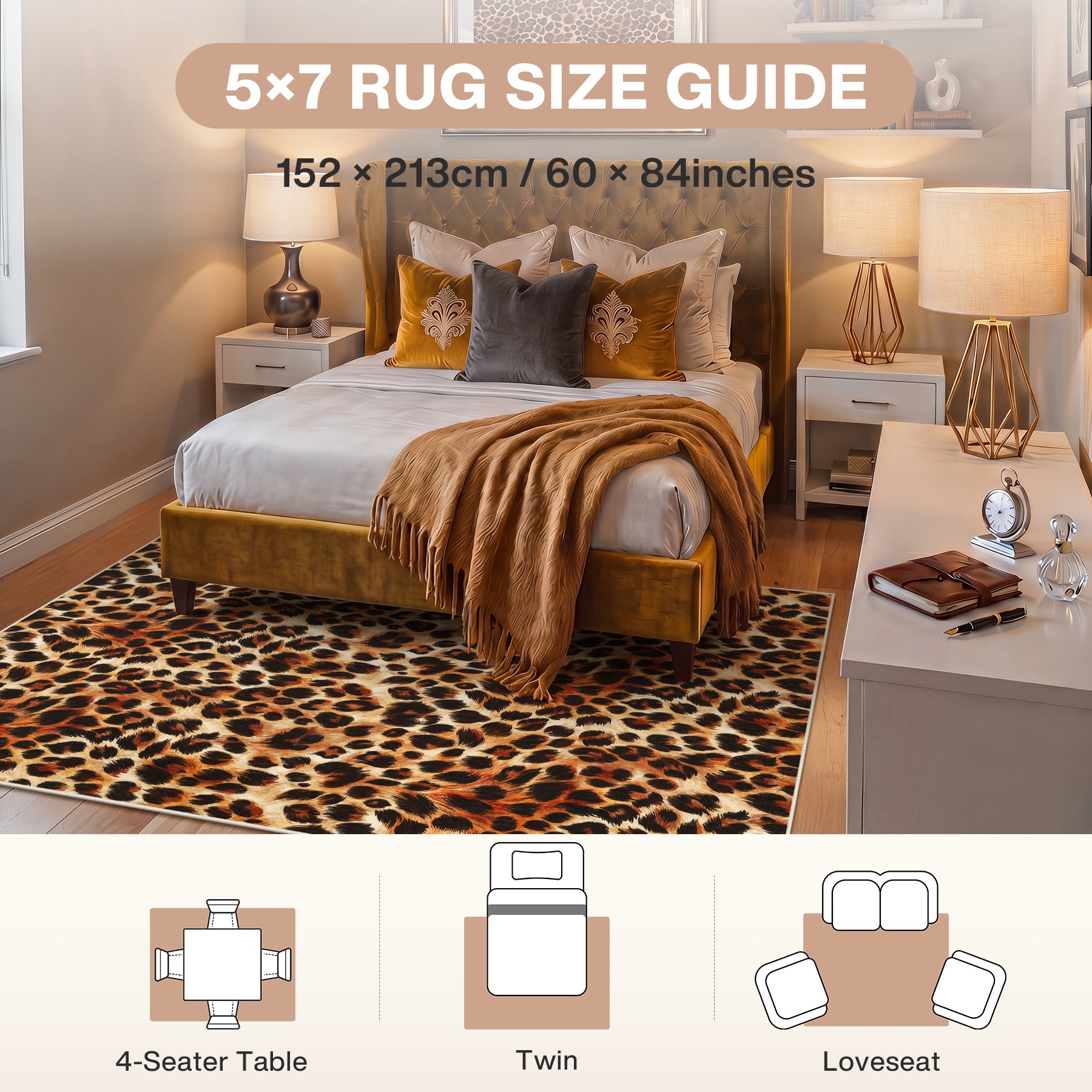 5x7/8x10 Leopard Print Area Rug, Animal Soft Carpet Machine Washable Cheetah Rug for Living Room, Oeko-Tex Certified