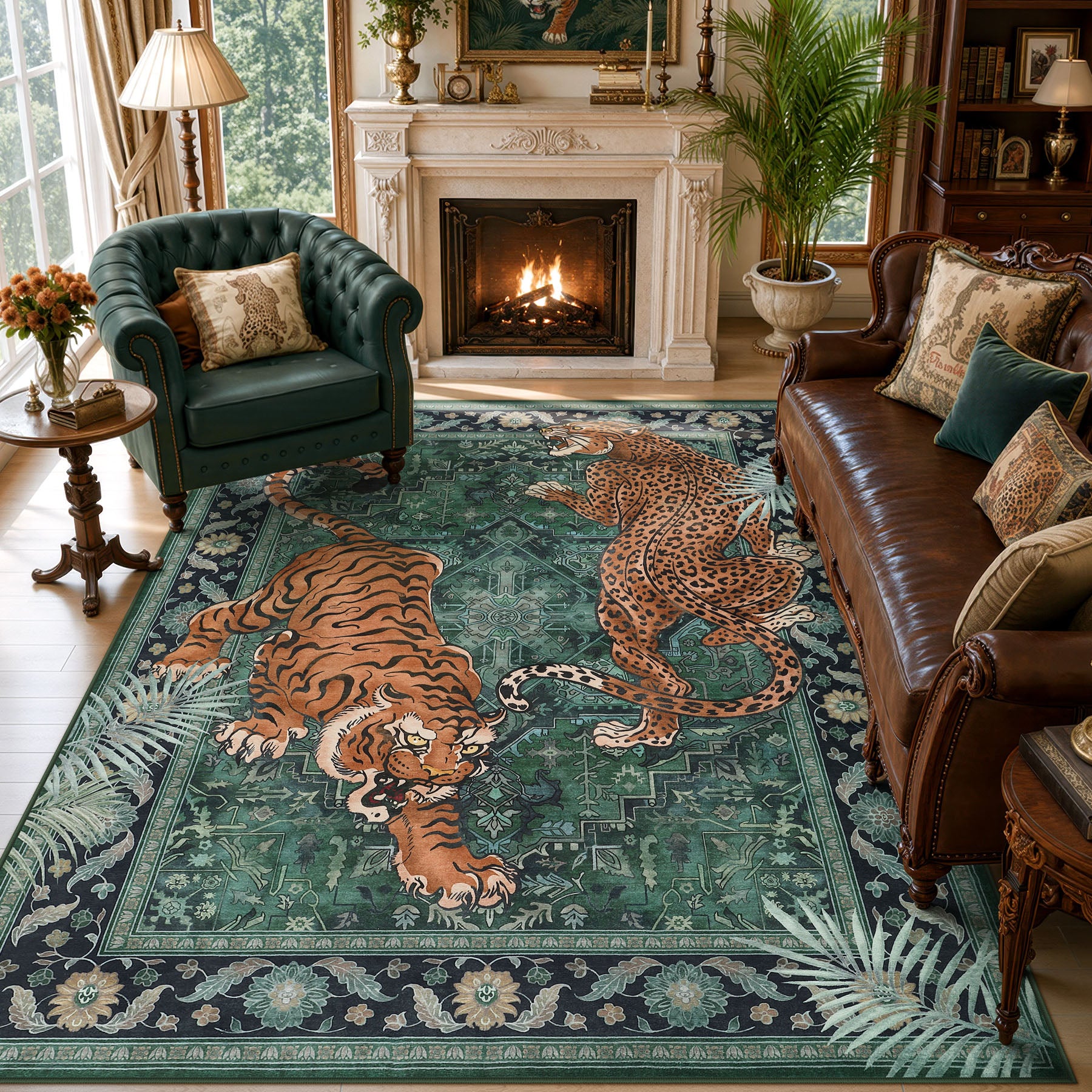 5x7/8x10 Tiger Leopard Print Area Rug#Color_Green