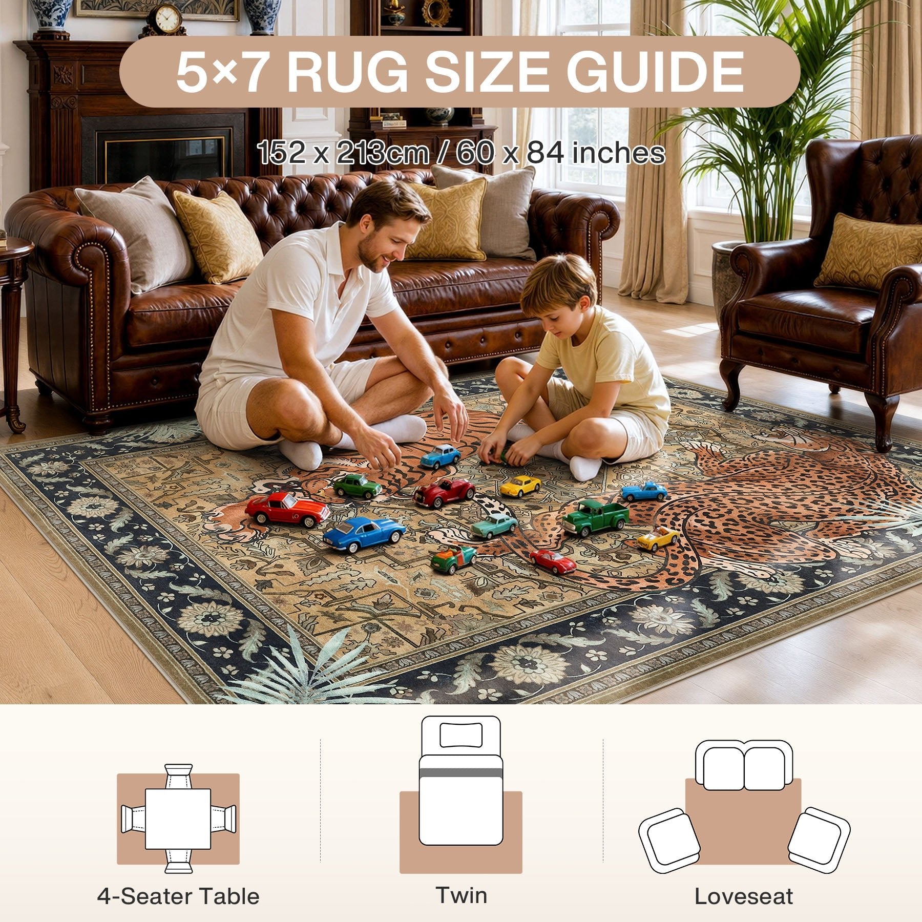 5x7/8x10 Tiger Leopard Print Area Rug, Boho Animal Washable Soft Low Pile Indoor Carpet, Oeko-Tex Certified
