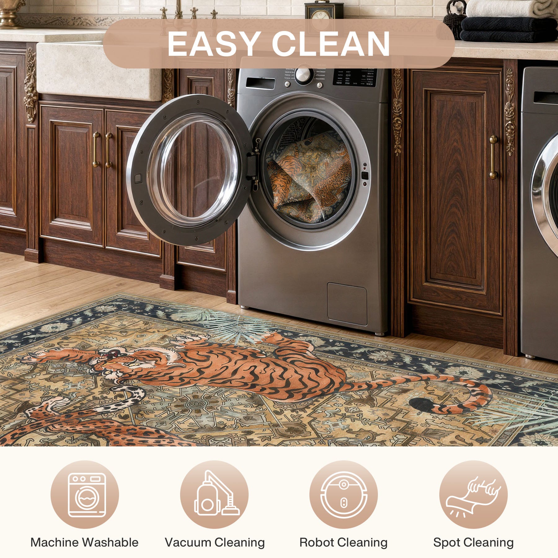 5x7/8x10 Tiger Leopard Print Area Rug, Boho Animal Washable Soft Low Pile Indoor Carpet, Oeko-Tex Certified