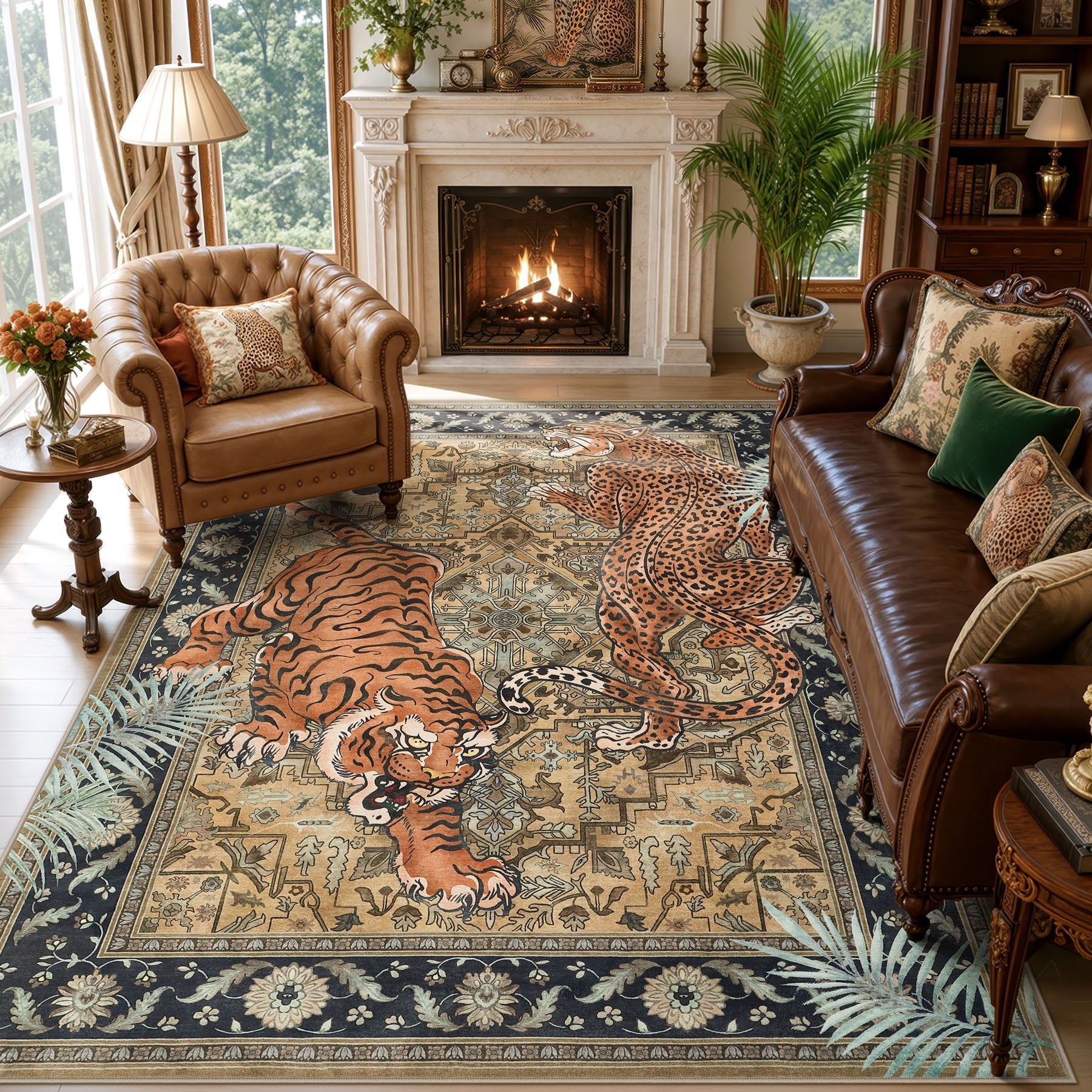 5x7/8x10 Tiger Leopard Print Area Rug, Boho Animal Washable Soft Low Pile Indoor Carpet, Oeko-Tex Certified