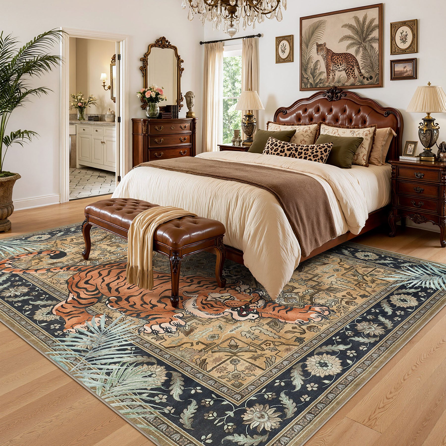 5x7/8x10 Tiger Leopard Print Area Rug, Boho Animal Washable Soft Low Pile Indoor Carpet, Oeko-Tex Certified