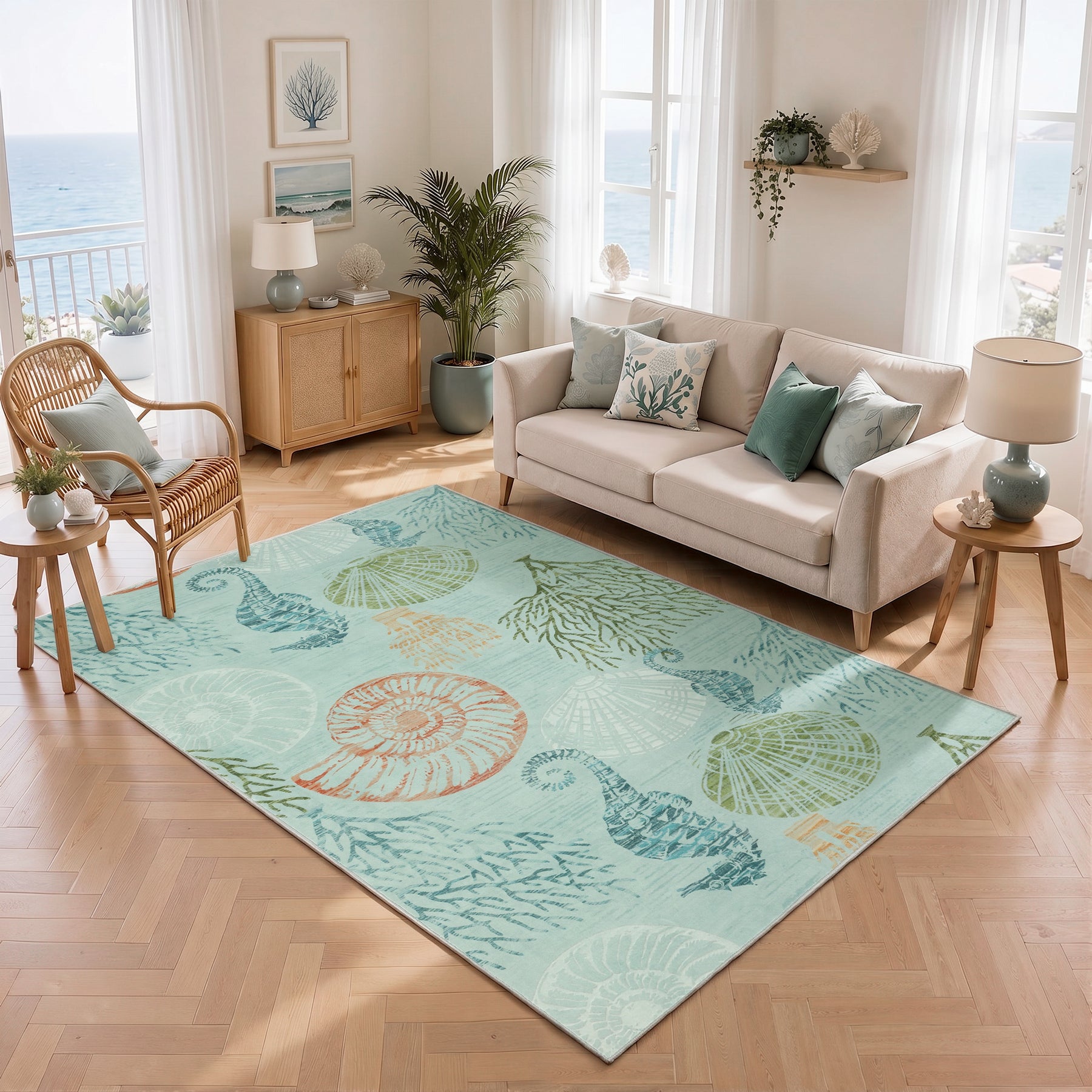 2x6/5x7/8x10 Boho Coastal Area Rug, Washable Non Slip Animal Indoor Carpet for Living room Bedroom, Oeko-Tex Certified