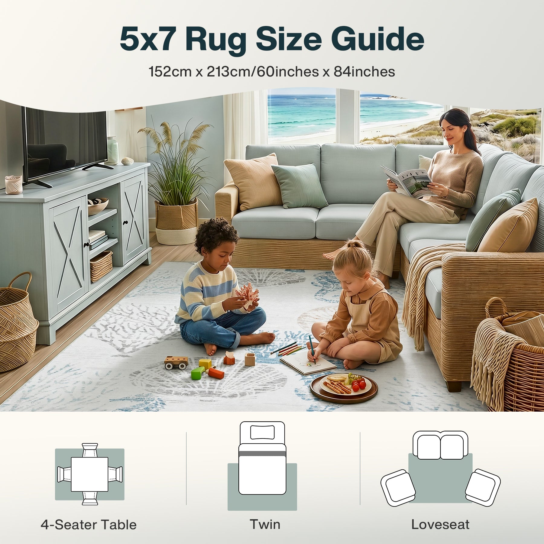 2x6/5x7/8x10 Boho Coastal Area Rug, Washable Non Slip Animal Indoor Carpet for Living room Bedroom, Oeko-Tex Certified