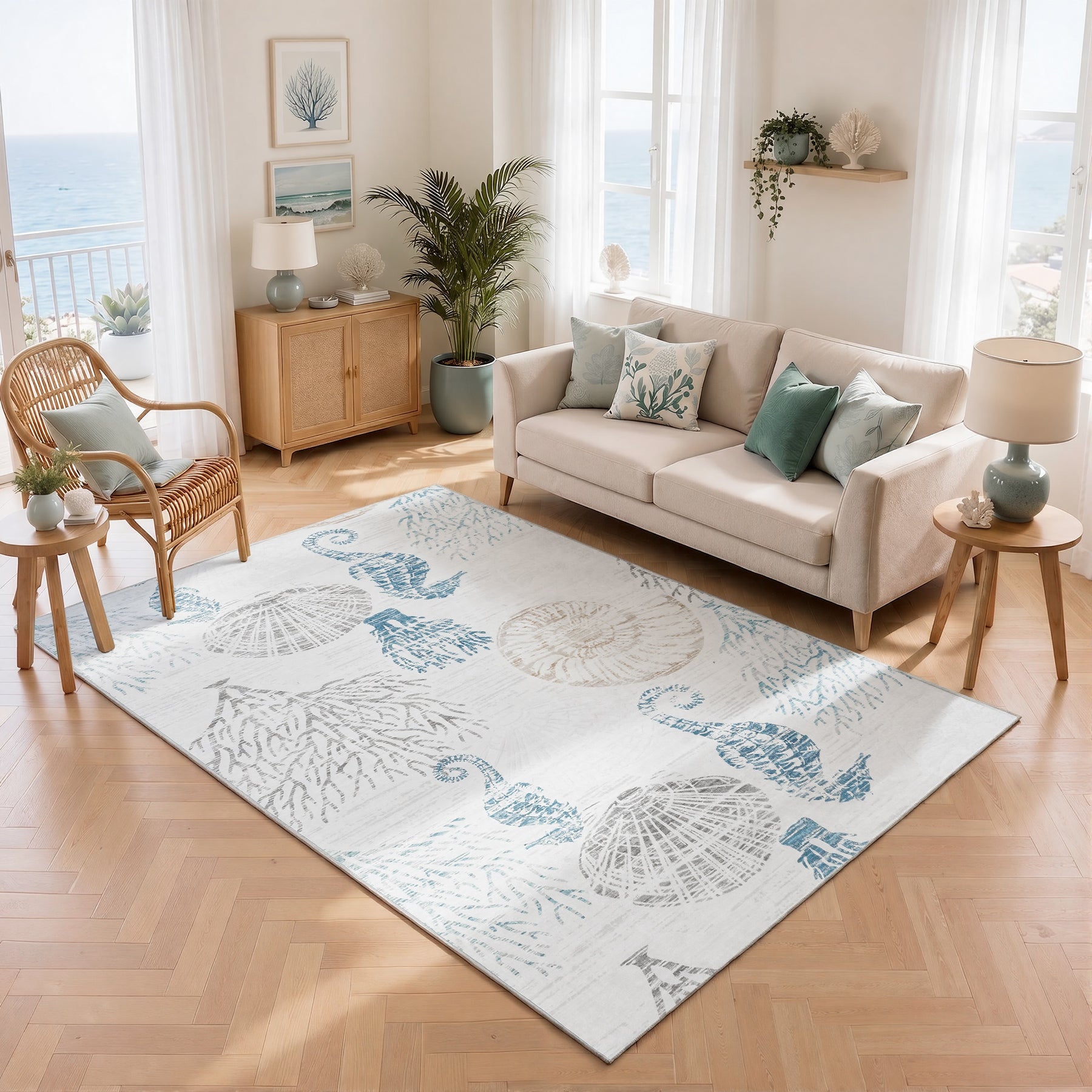 2x6/5x7/8x10 Boho Coastal Area Rug, Washable Non Slip Animal Indoor Carpet for Living room Bedroom, Oeko-Tex Certified