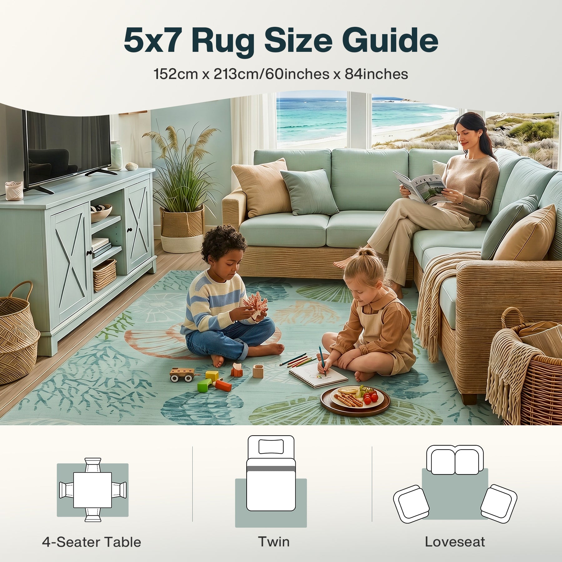 2x6/5x7/8x10 Boho Coastal Area Rug, Washable Non Slip Animal Indoor Carpet for Living room Bedroom, Oeko-Tex Certified