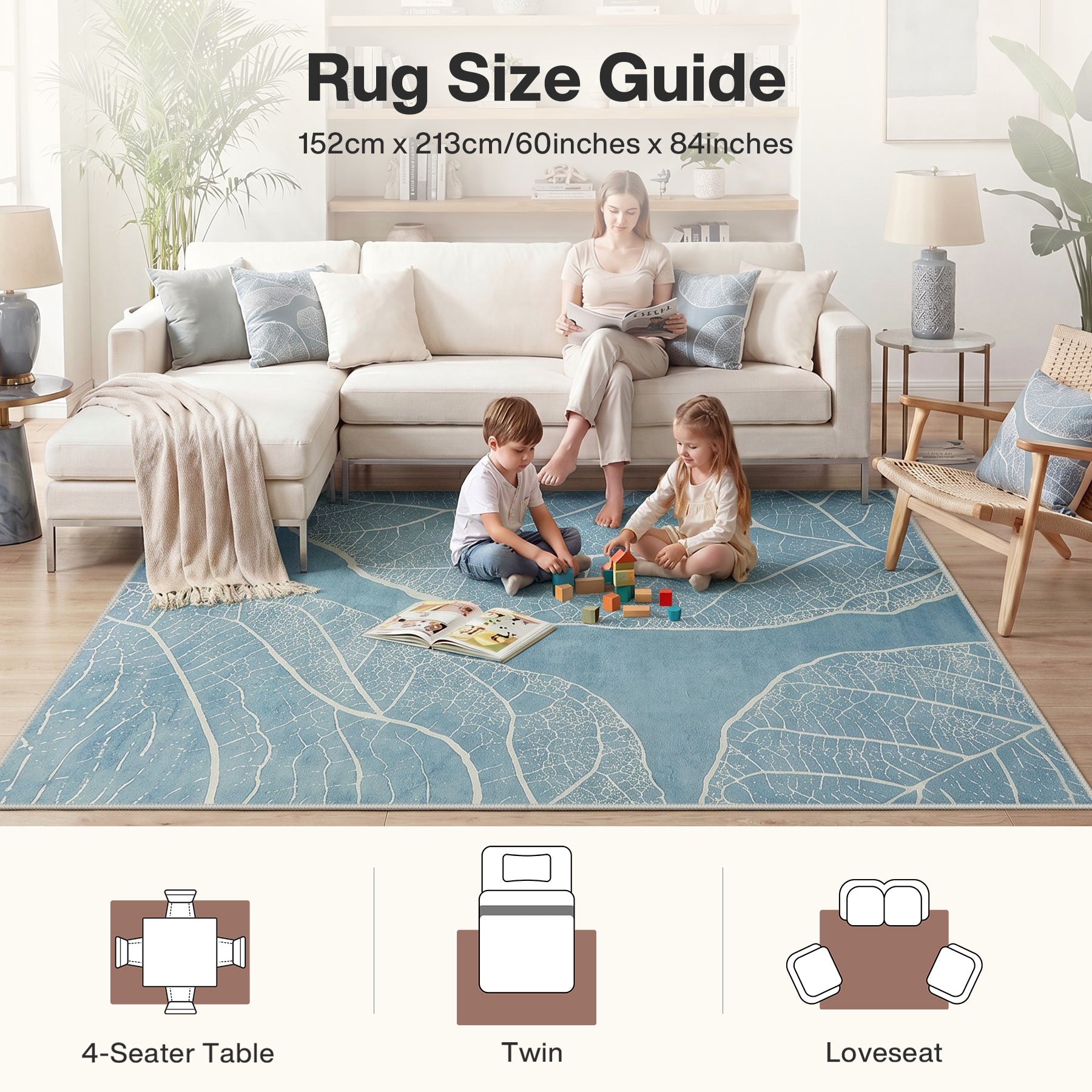 5x7 Boho Leaf Print Area Rugs, Modern Washable Non-Slip Low Pile Indoor Carpet for Living Room, Oeko-Tex Certified