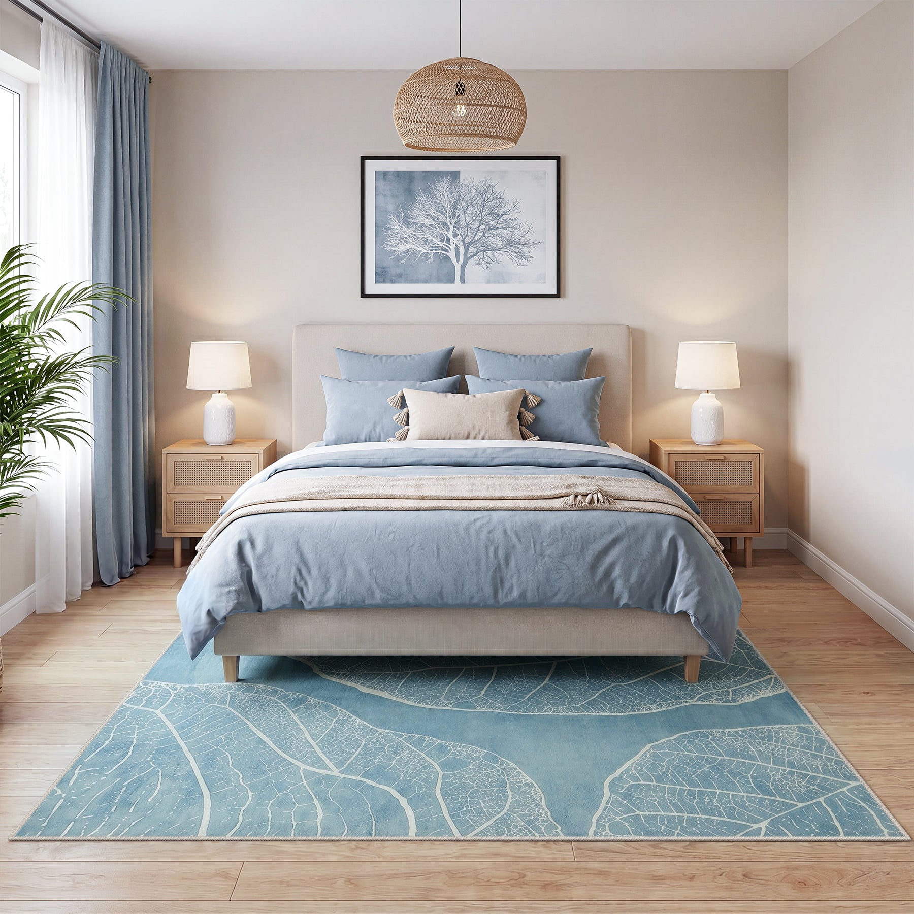 5x7 Boho Leaf Print Area Rugs, Modern Washable Non-Slip Low Pile Indoor Carpet for Living Room, Oeko-Tex Certified