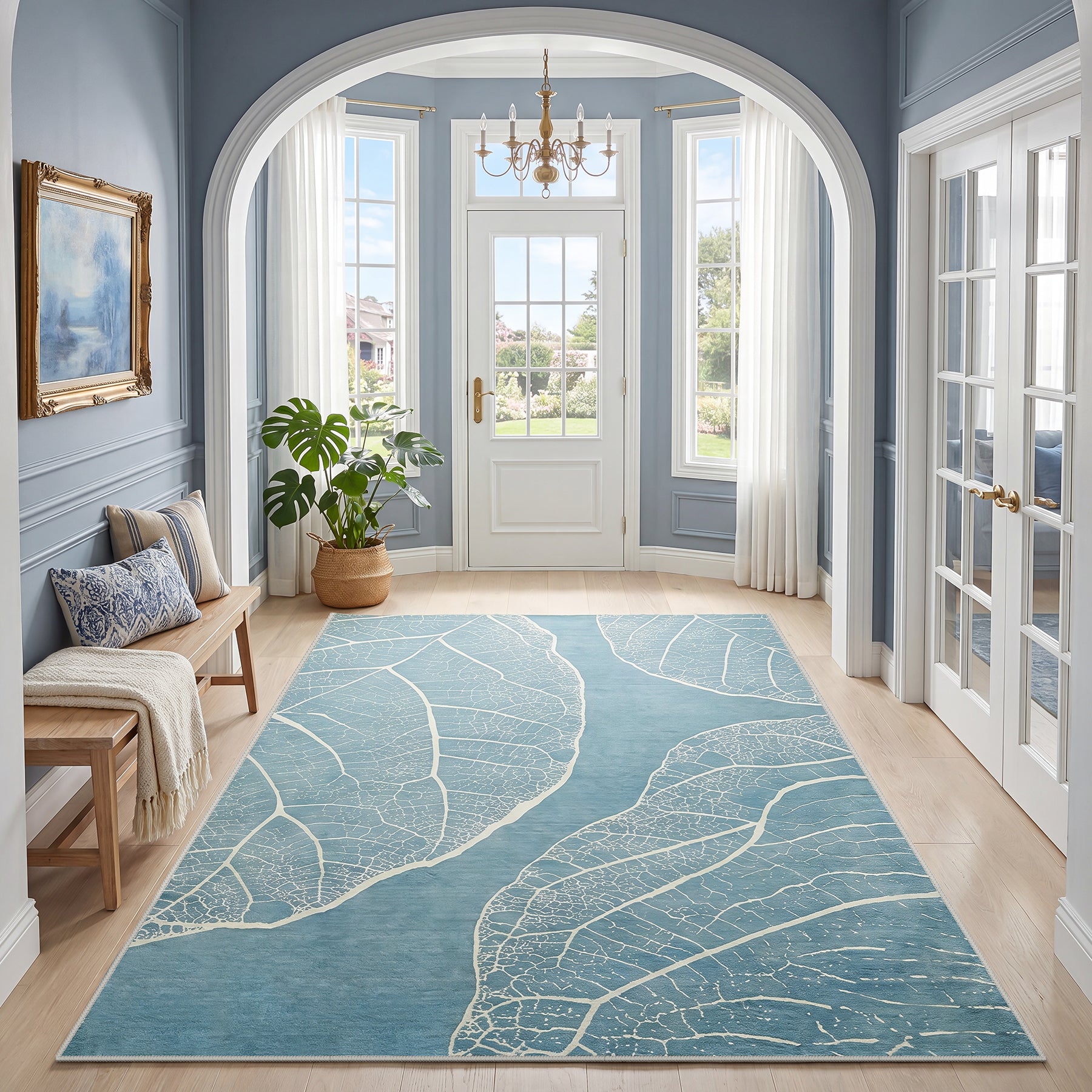 5x7 Boho Leaf Print Area Rugs, Modern Washable Non-Slip Low Pile Indoor Carpet for Living Room, Oeko-Tex Certified