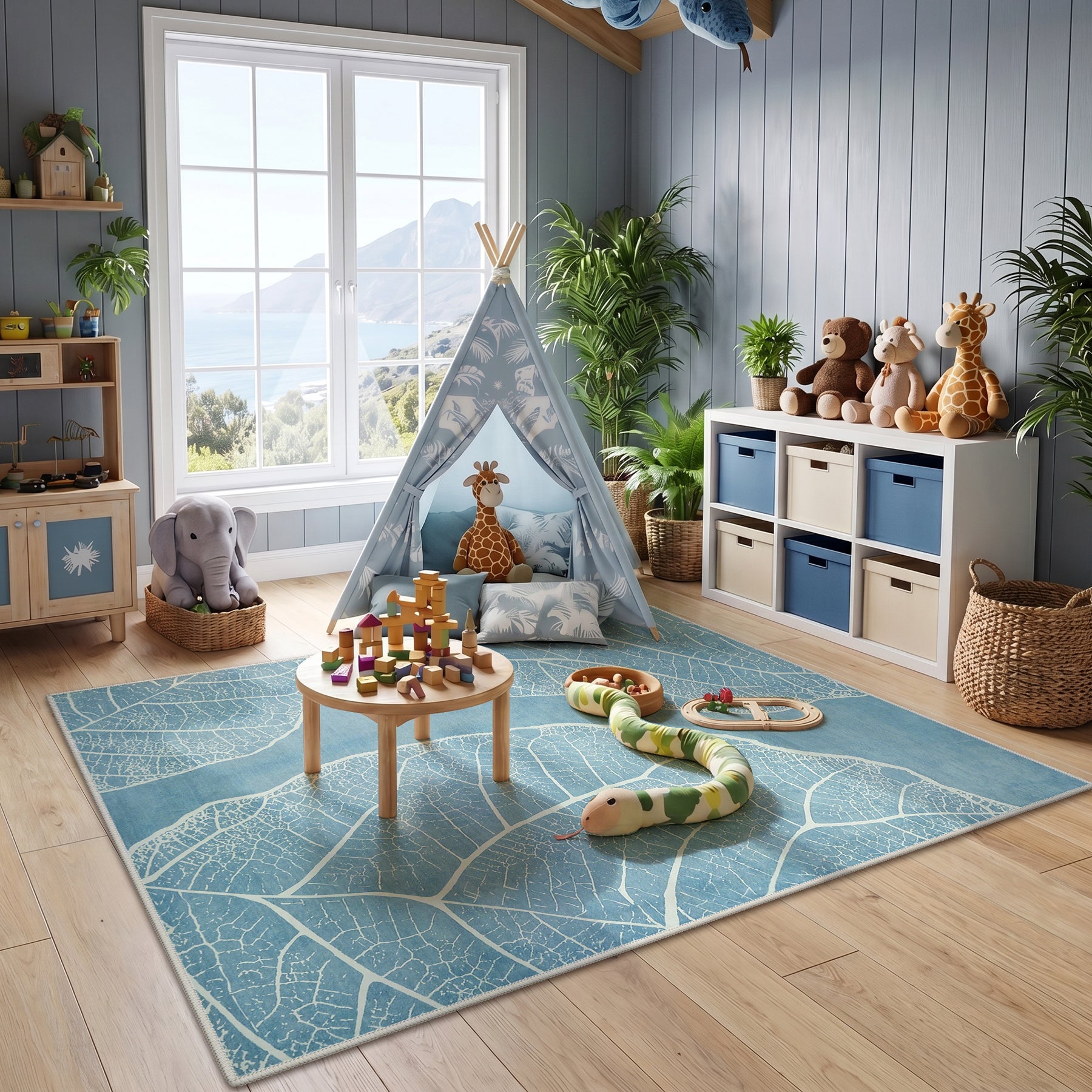 5x7 Boho Leaf Print Area Rugs, Modern Washable Non-Slip Low Pile Indoor Carpet for Living Room, Oeko-Tex Certified