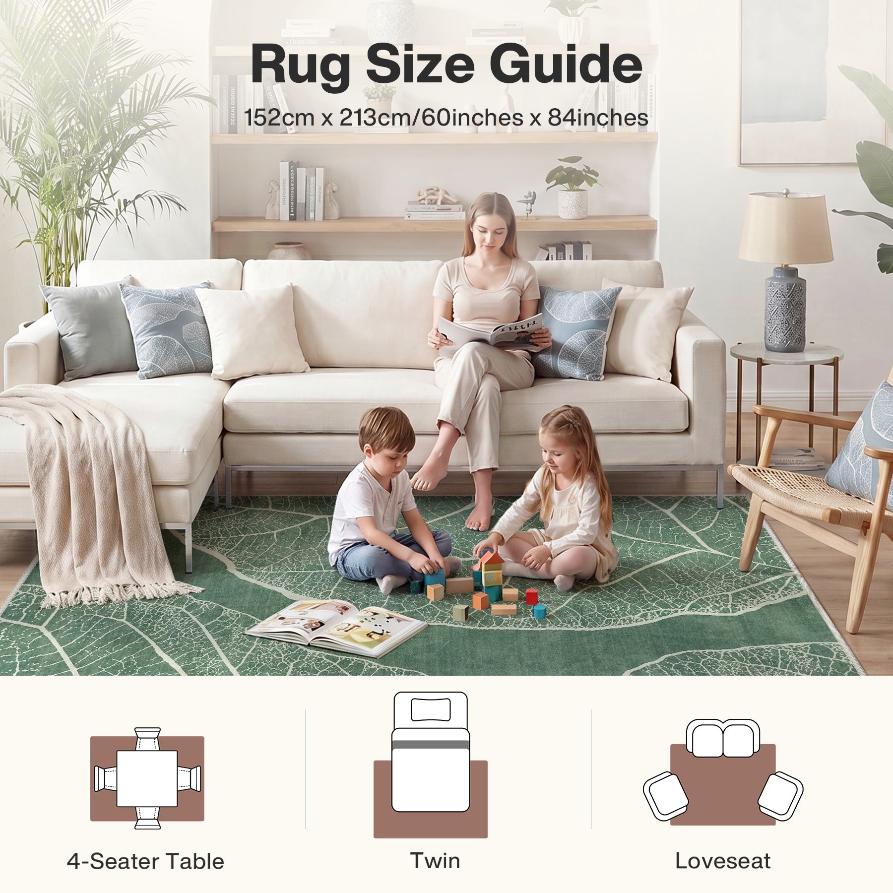 5x7 Boho Leaf Print Area Rugs, Modern Washable Non-Slip Low Pile Indoor Carpet for Living Room, Oeko-Tex Certified