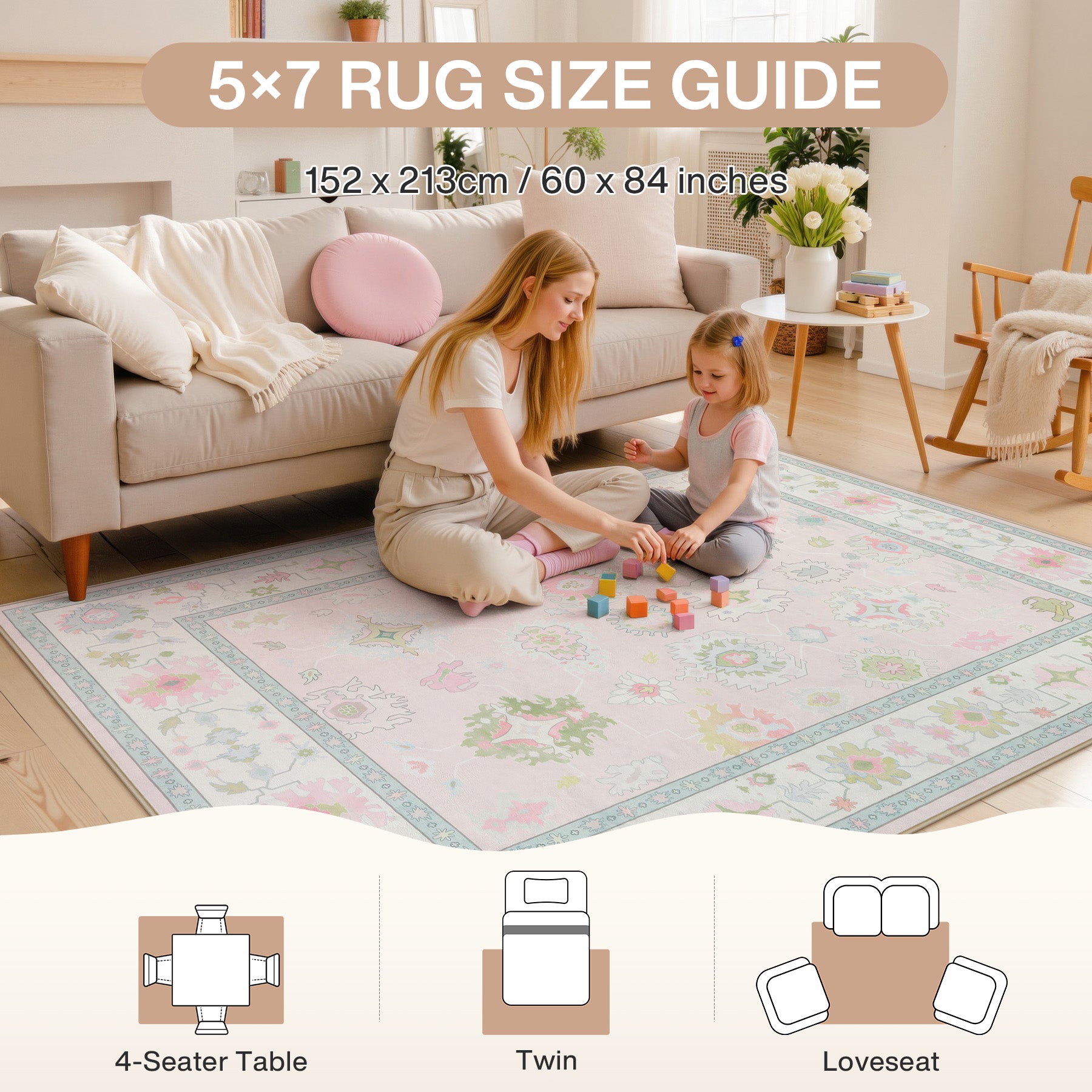 5x7/8x10/9x12 Boho Oushak Area Rug, Colorful Washable Non-Slip Indoor Carpet Oriental Floral, Oeko-Tex Certified