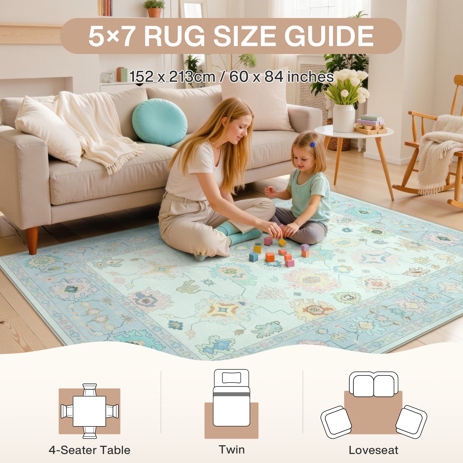 5x7/8x10/9x12 Boho Oushak Area Rug, Colorful Washable Non-Slip Indoor Carpet Oriental Floral, Oeko-Tex Certified