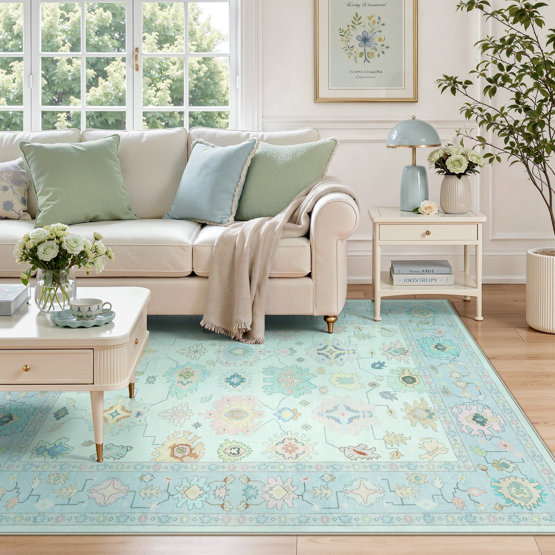 5x7/8x10/9x12 Boho Oushak Area Rug, Colorful Washable Non-Slip Indoor Carpet Oriental Floral, Oeko-Tex Certified