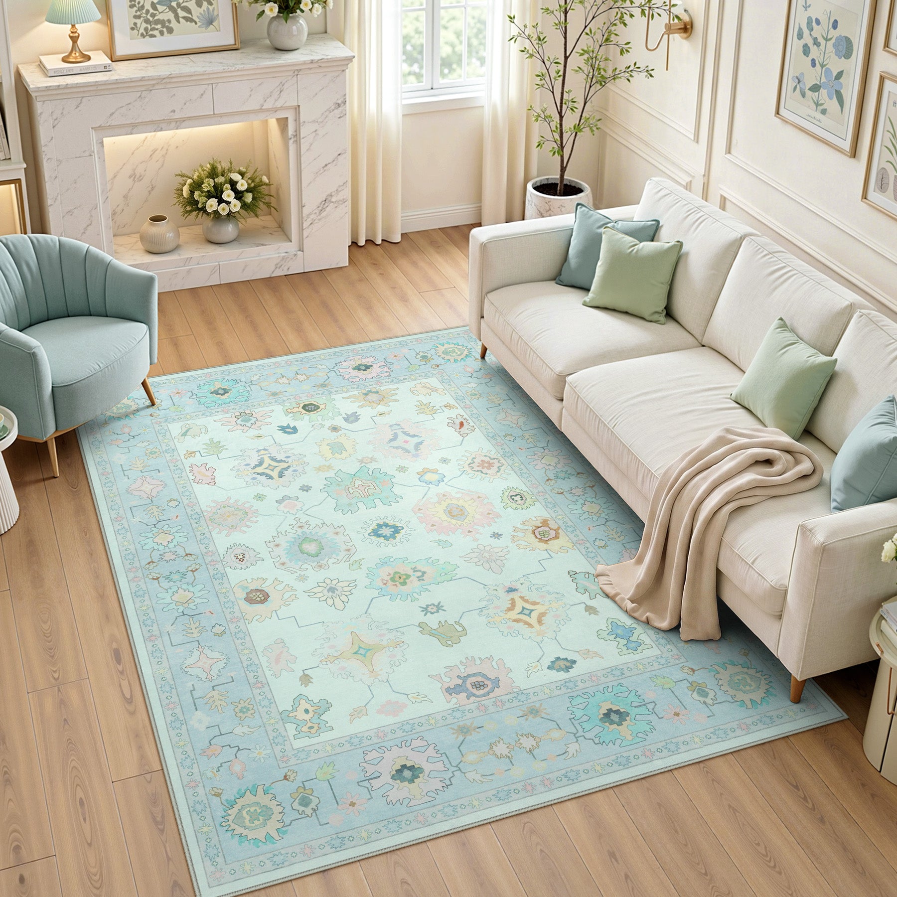 5x7/8x10/9x12 Boho Oushak Area Rug, Colorful Washable Non-Slip Indoor Carpet Oriental Floral, Oeko-Tex Certified