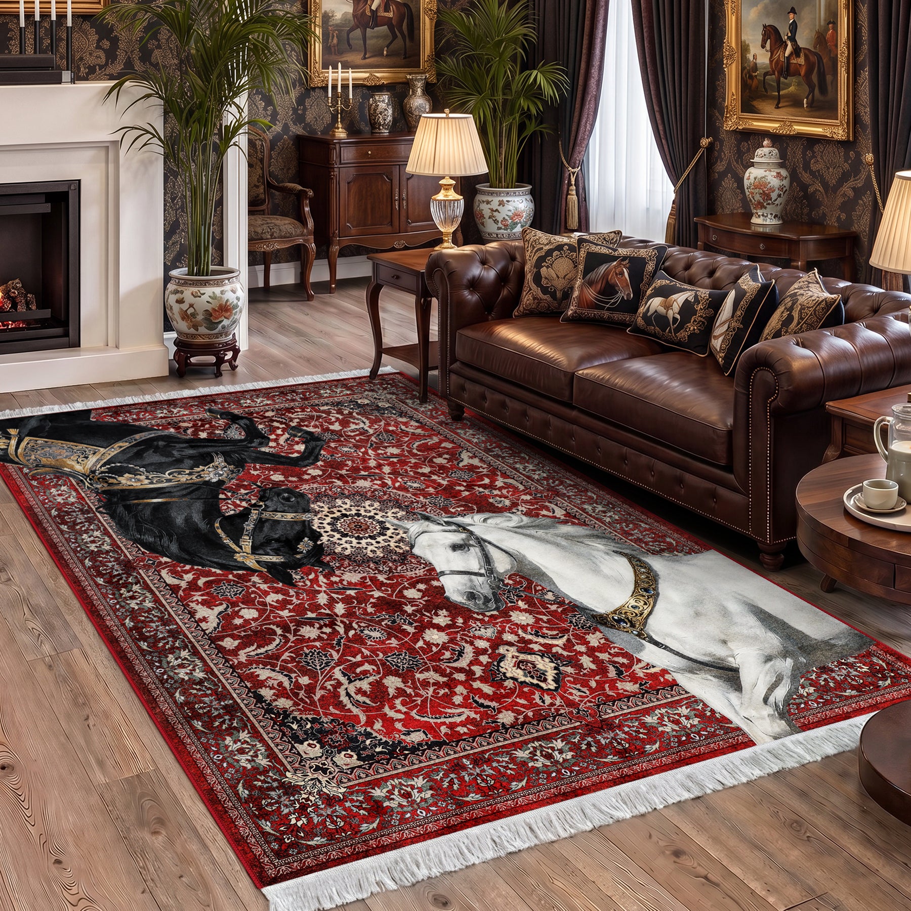 5x7 Boho Western Horse Rug, Washable Non-slip Southwestern Equestrian Rug with Tassels for Living Room