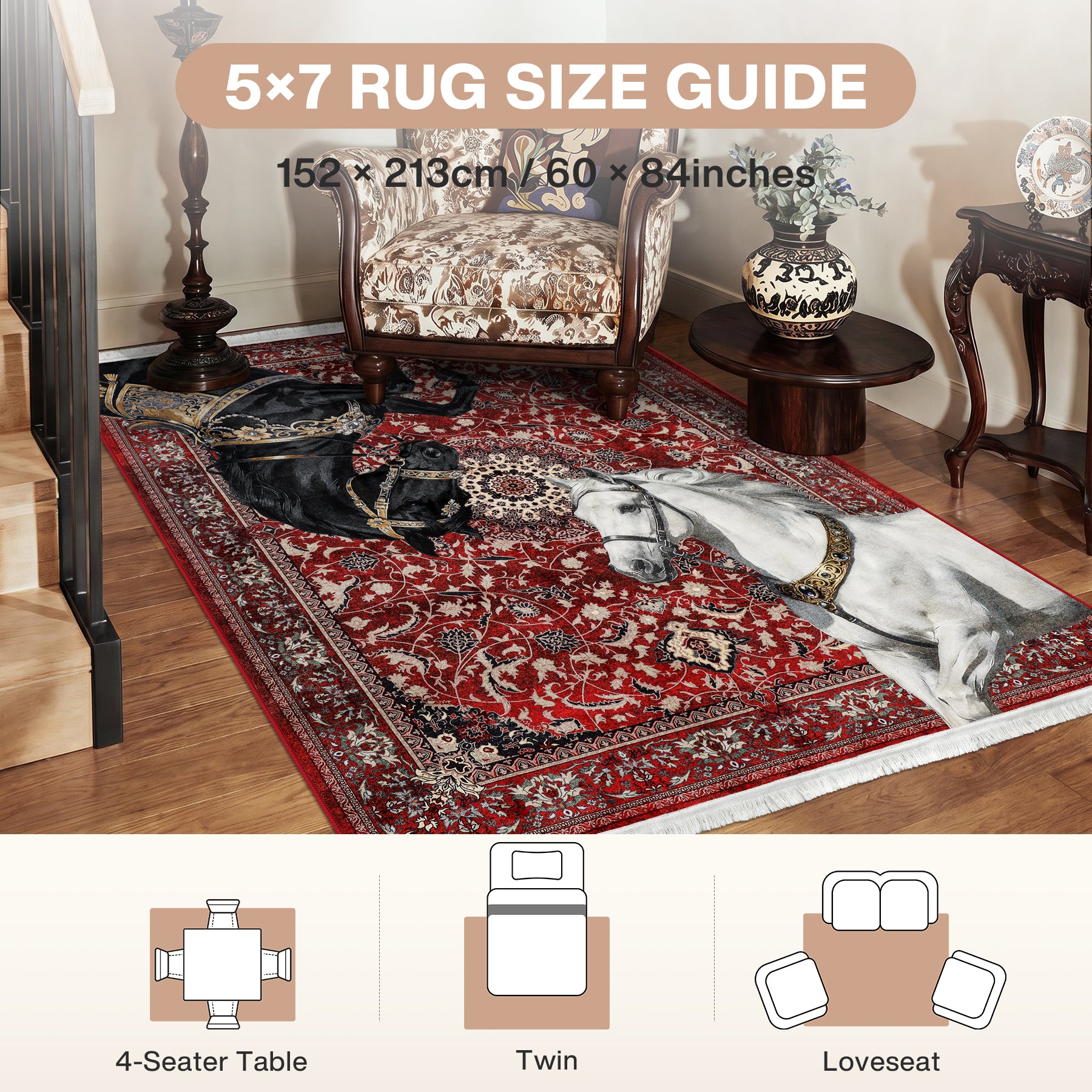 5x7 Boho Western Horse Rug, Washable Non-slip Southwestern Equestrian Rug with Tassels for Living Room