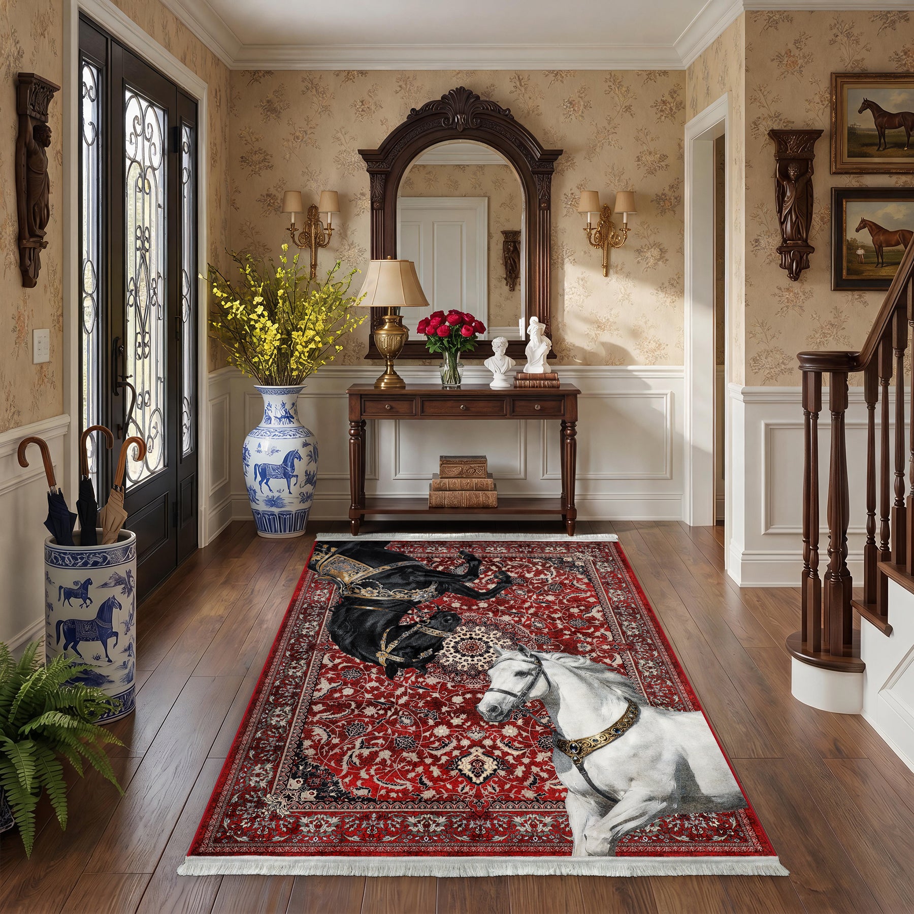 5x7 Boho Western Horse Rug, Washable Non-slip Southwestern Equestrian Rug with Tassels for Living Room
