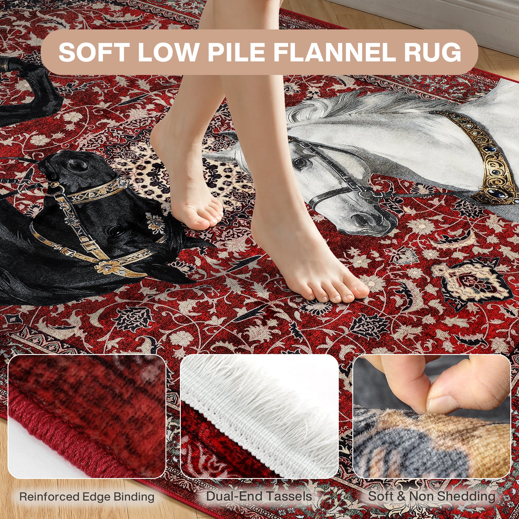 5x7 Boho Western Horse Rug, Washable Non-slip Southwestern Equestrian Rug with Tassels for Living Room