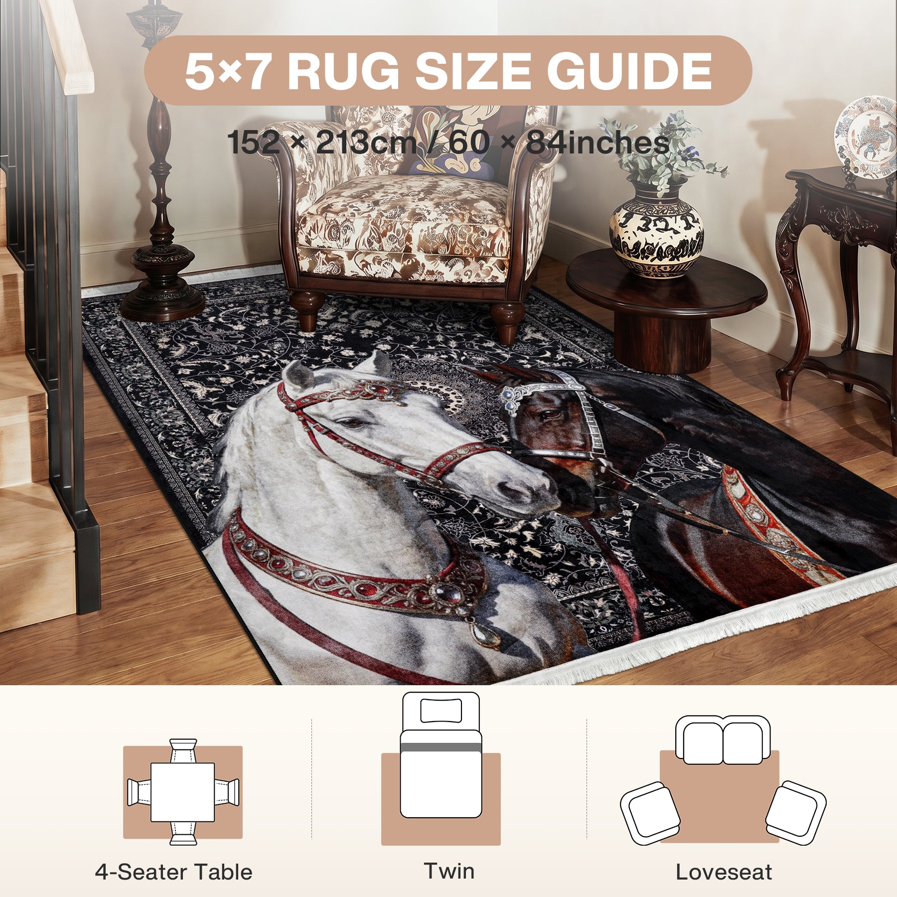 5x7 Boho Western Horse Rug, Washable Non-slip Southwestern Equestrian Rug with Tassels for Living Room