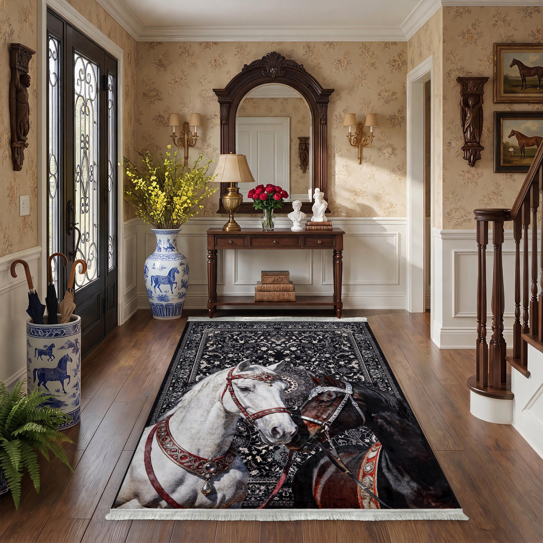 5x7 Boho Western Horse Rug, Washable Non-slip Southwestern Equestrian Rug with Tassels for Living Room