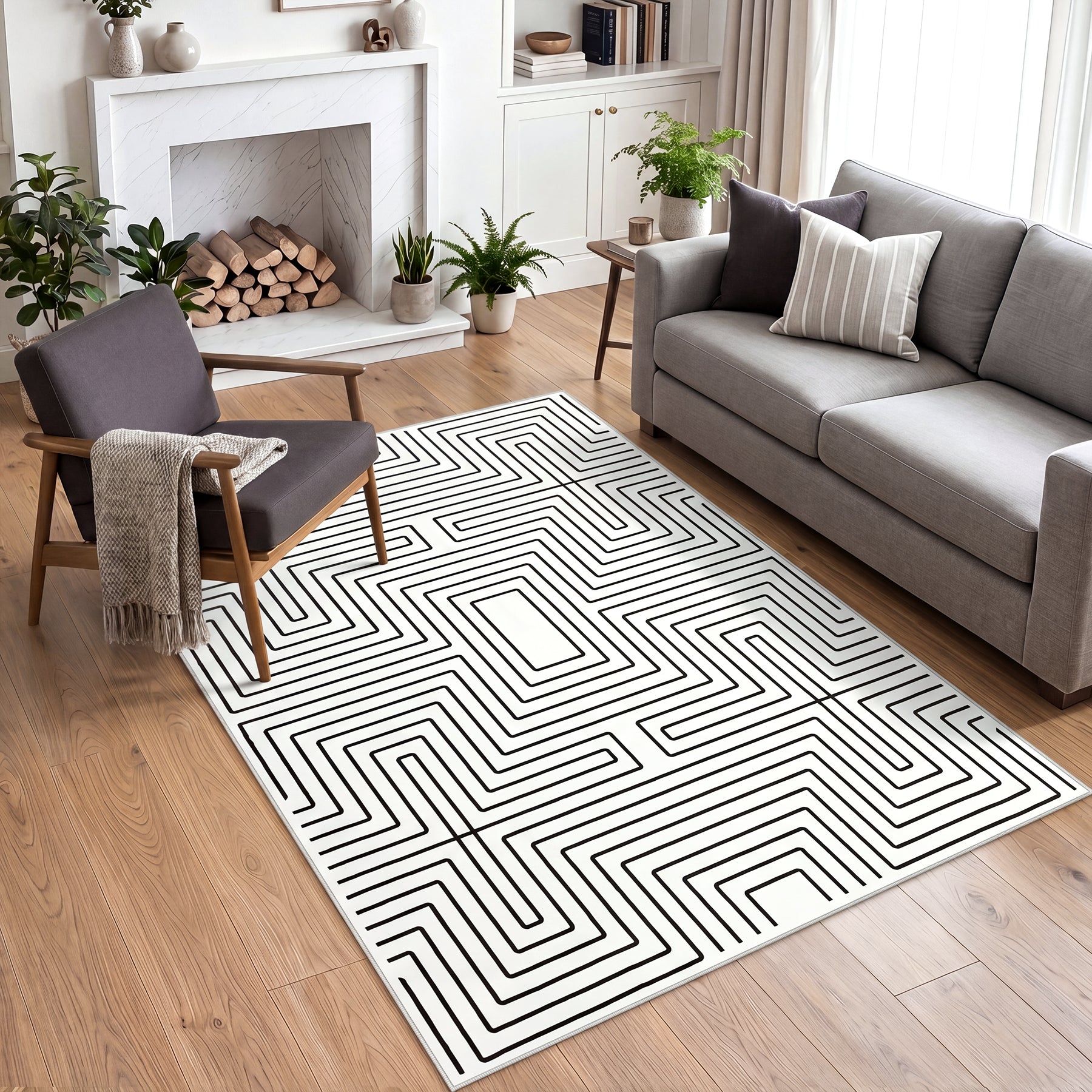 5x7/8x10 Machine Washable Area Rug, Modern Geometric Non-Slip Low Pile Indoor Carpet for Living Room, Oeko-Tex Certified