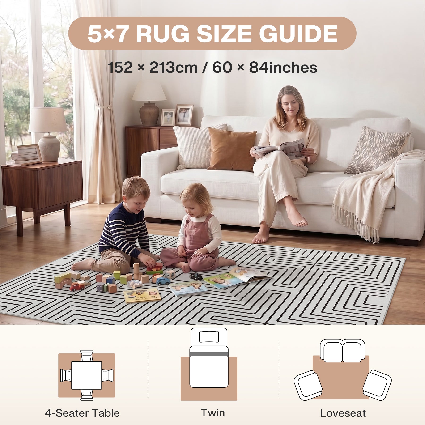 5x7/8x10 Machine Washable Area Rug, Modern Geometric Non-Slip Low Pile Indoor Carpet for Living Room, Oeko-Tex Certified