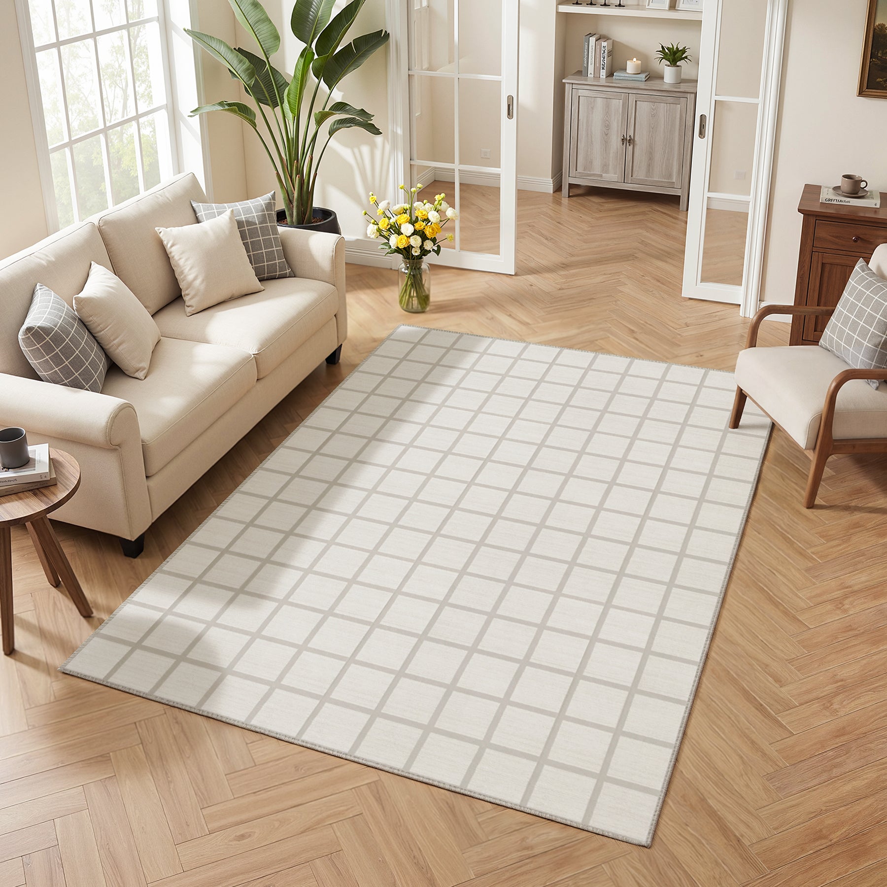 5x7/8x10 Modern Plaid Area Rug, Checkered Washable Rug Soft Non-Slip Ultra Thin Throw Carpet for Living Room, Oeko-Tex Certified