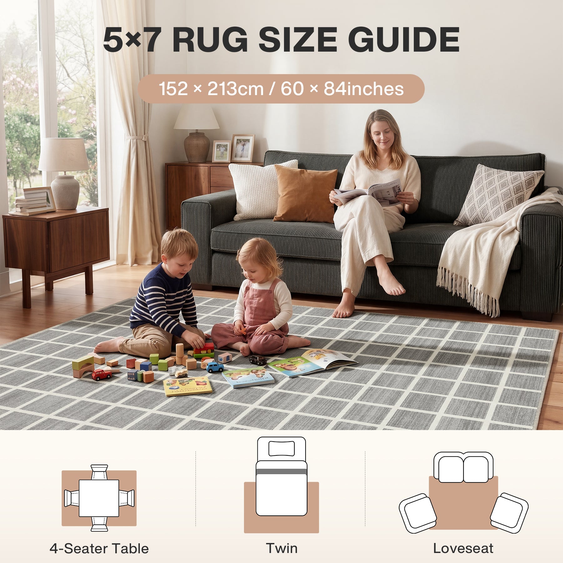 5x7/8x10 Modern Plaid Area Rug, Checkered Washable Rug Soft Non-Slip Ultra Thin Throw Carpet for Living Room, Oeko-Tex Certified