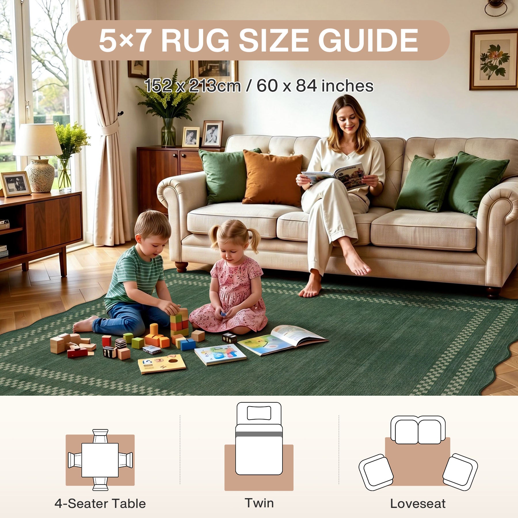 5x7/8x10 Scalloped Washable Area Rugs, Soft Geometric Non-Slip Indoor Rug for Living Room Bedroom, Oeko-Tex Certified