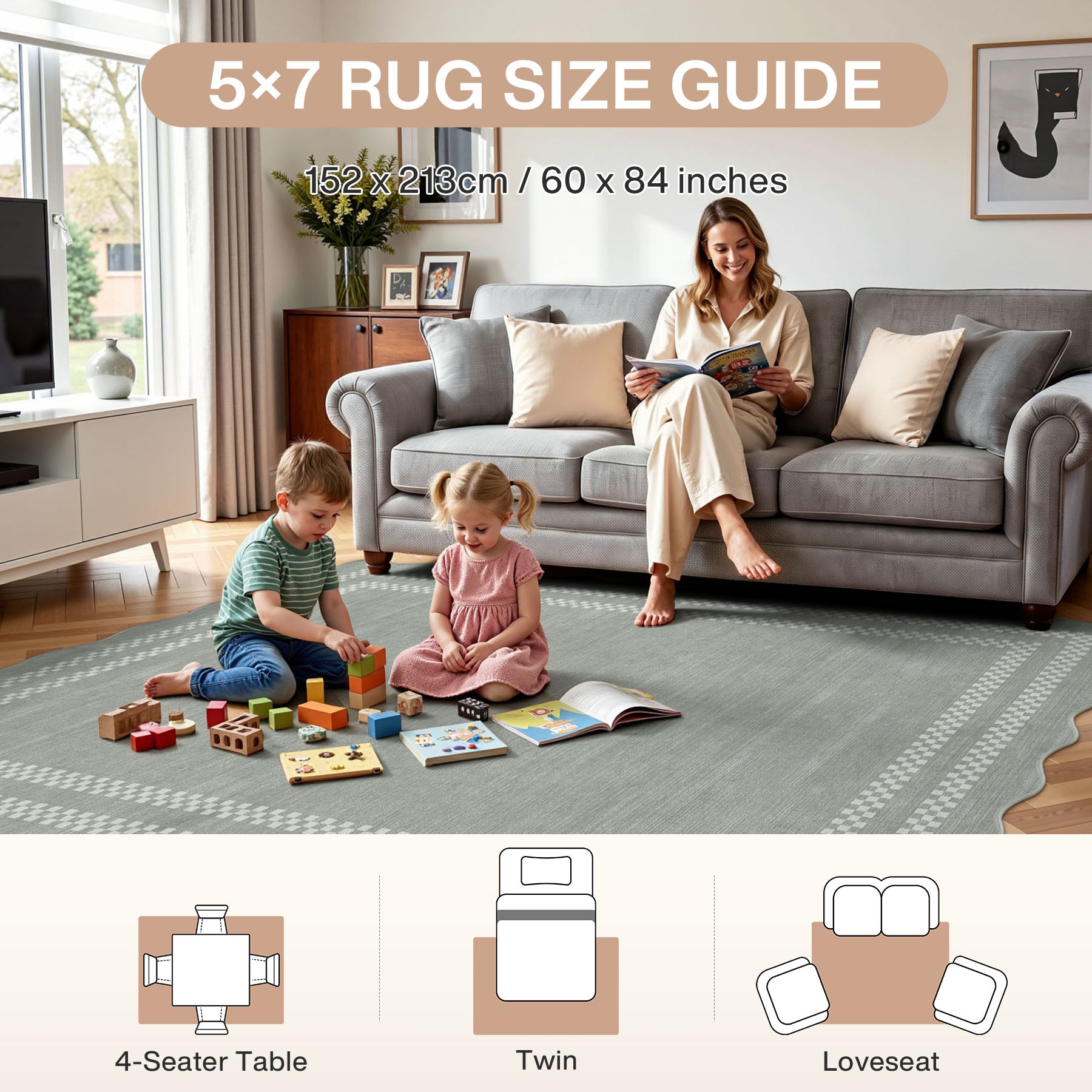 5x7/8x10 Scalloped Washable Area Rugs, Soft Geometric Non-Slip Indoor Rug for Living Room Bedroom, Oeko-Tex Certified