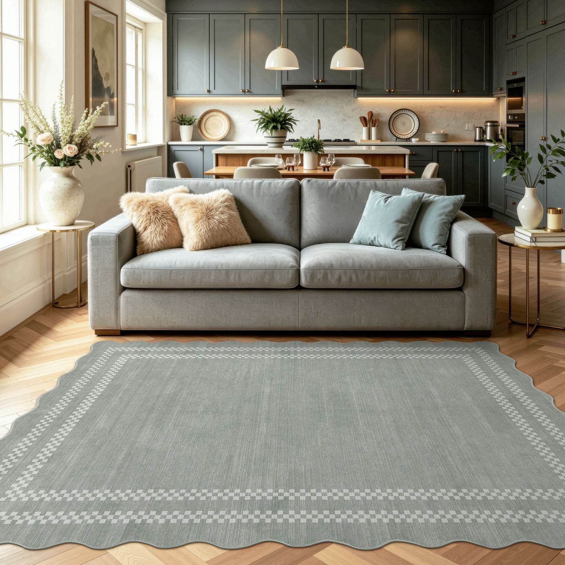 5x7/8x10 Scalloped Washable Area Rugs, Soft Geometric Non-Slip Indoor Rug for Living Room Bedroom, Oeko-Tex Certified