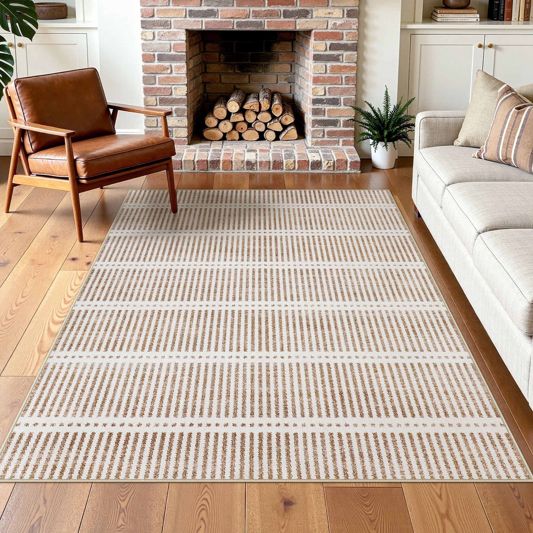 3x5/5x7 Ultra Thin Washable Area Rugs, Modern Non-Slip Striped Farmhouse Soft Indoor Carpet for Bedside Living Room, Oeko-Tex Certified