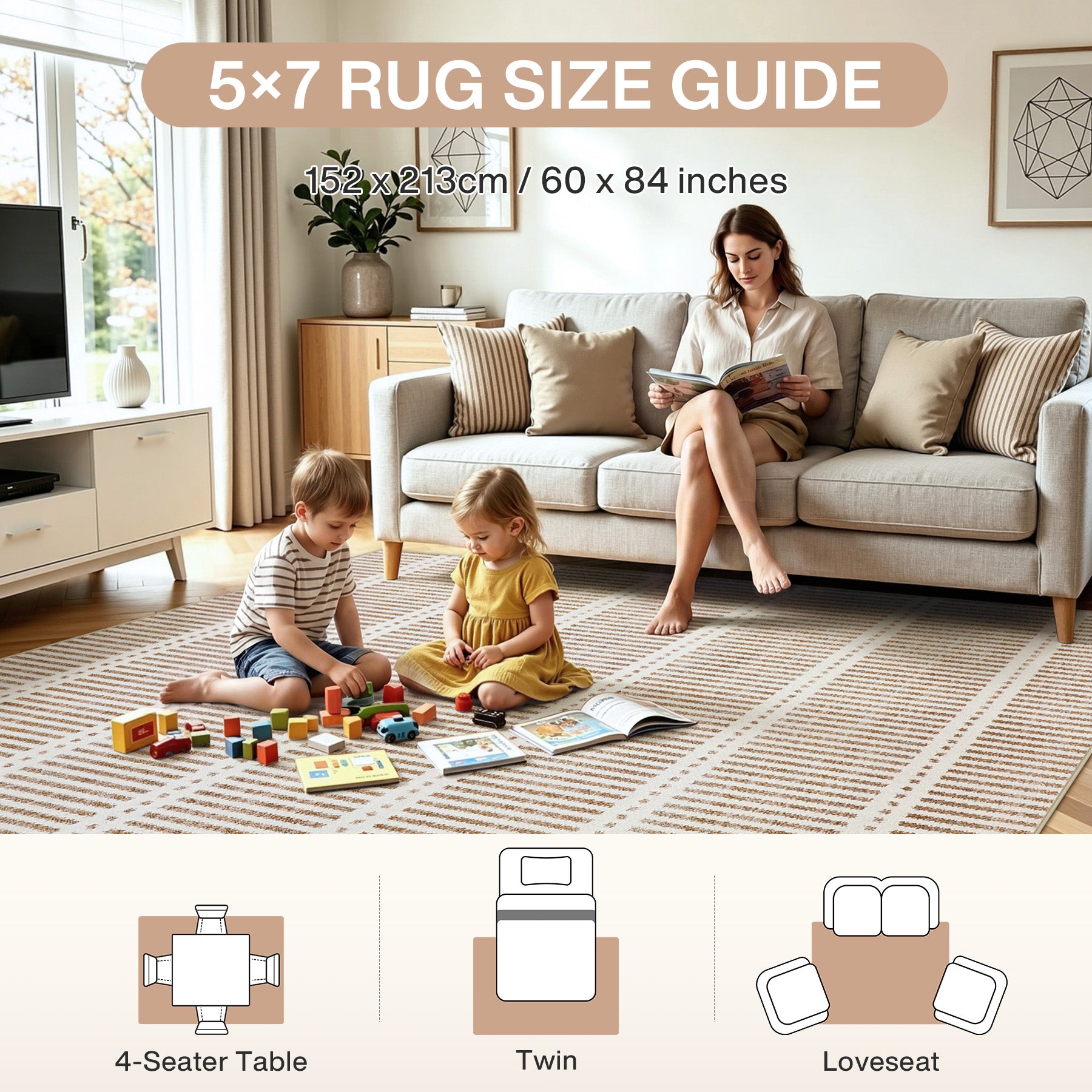 3x5/5x7 Ultra Thin Washable Area Rugs, Modern Non-Slip Striped Farmhouse Soft Indoor Carpet for Bedside Living Room, Oeko-Tex Certified