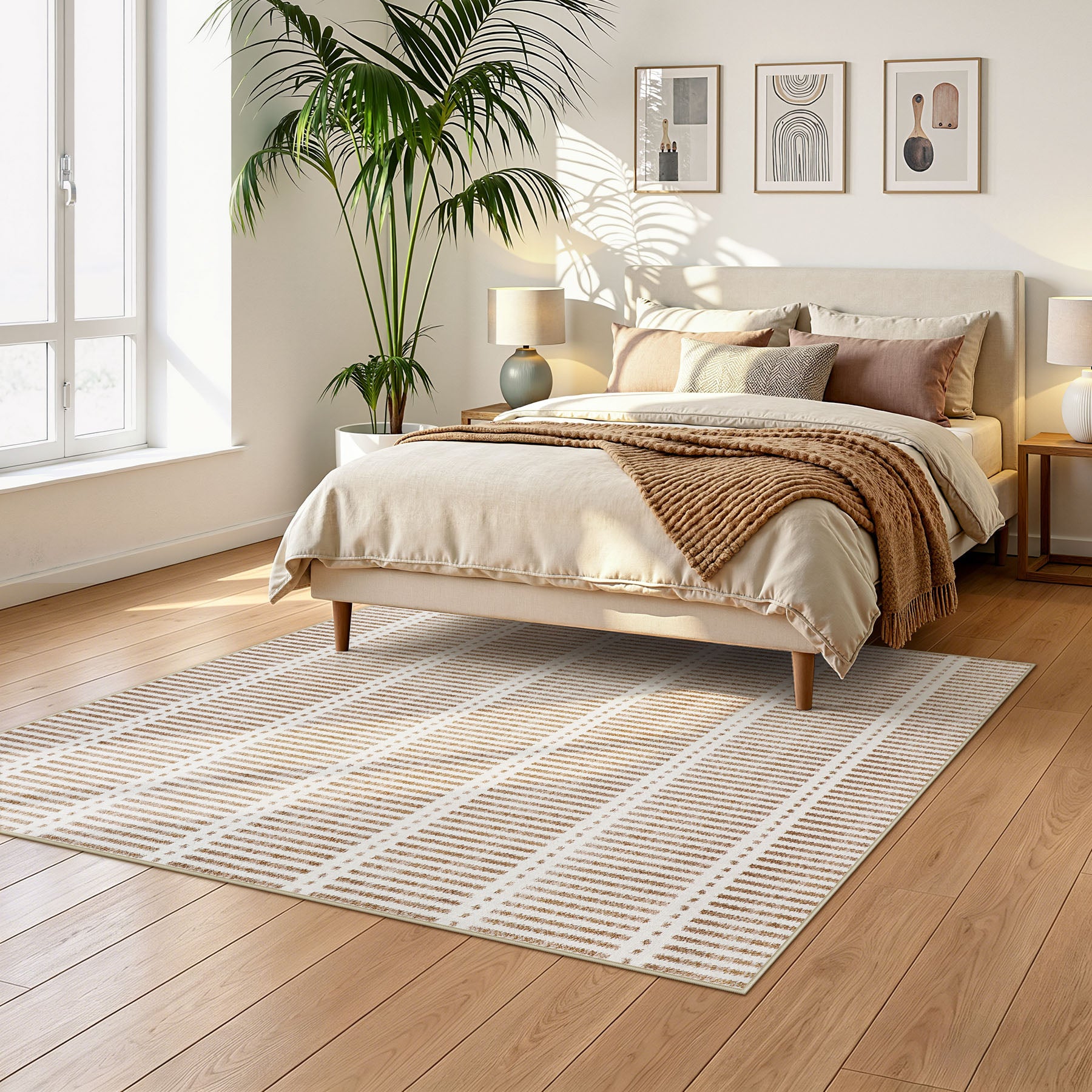 3x5/5x7 Ultra Thin Washable Area Rugs, Modern Non-Slip Striped Farmhouse Soft Indoor Carpet for Bedside Living Room, Oeko-Tex Certified