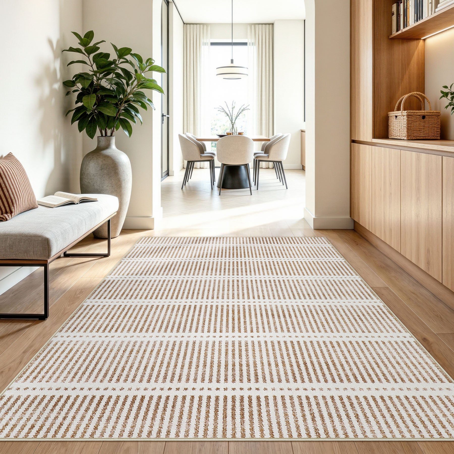 3x5/5x7 Ultra Thin Washable Area Rugs, Modern Non-Slip Striped Farmhouse Soft Indoor Carpet for Bedside Living Room, Oeko-Tex Certified