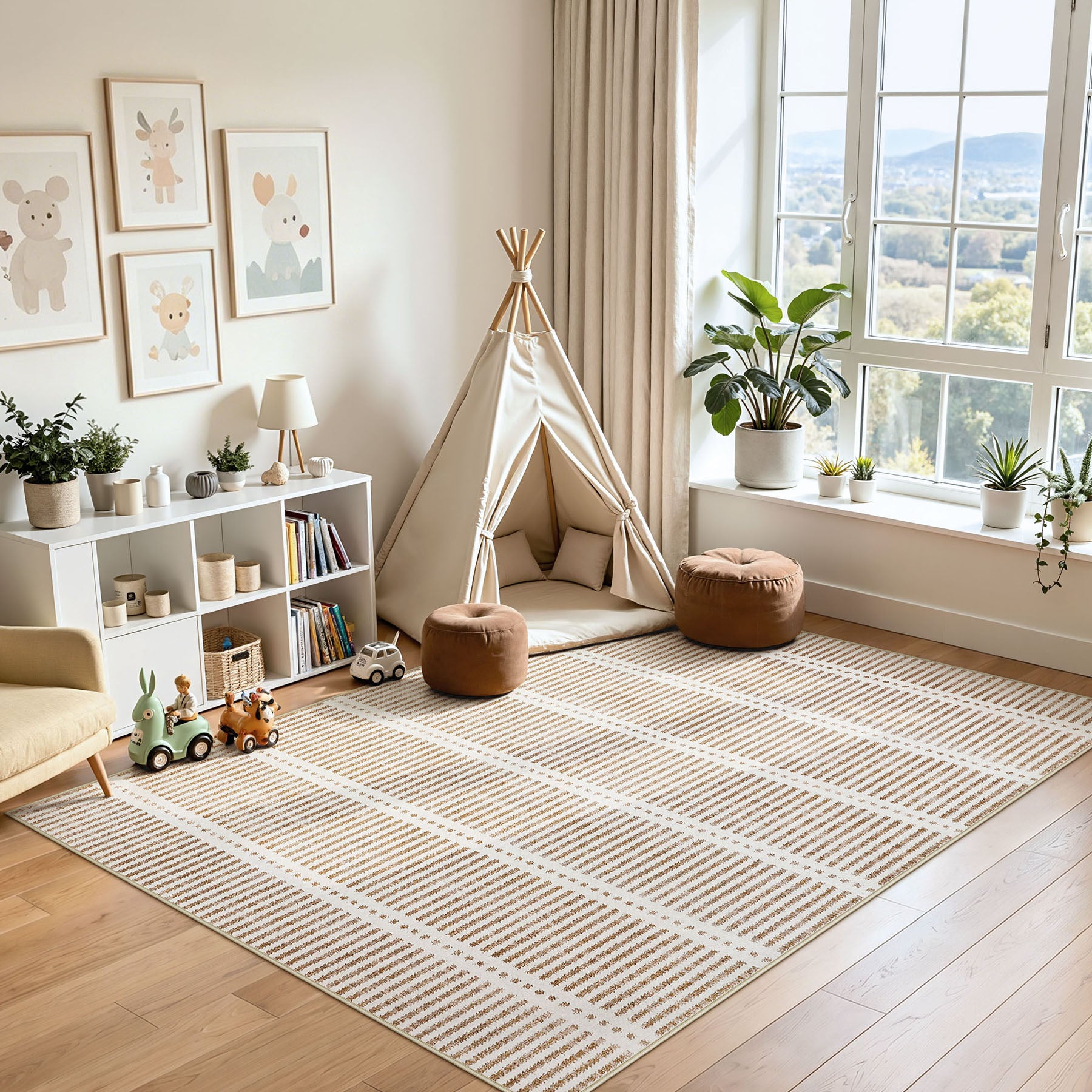 3x5/5x7 Ultra Thin Washable Area Rugs, Modern Non-Slip Striped Farmhouse Soft Indoor Carpet for Bedside Living Room, Oeko-Tex Certified