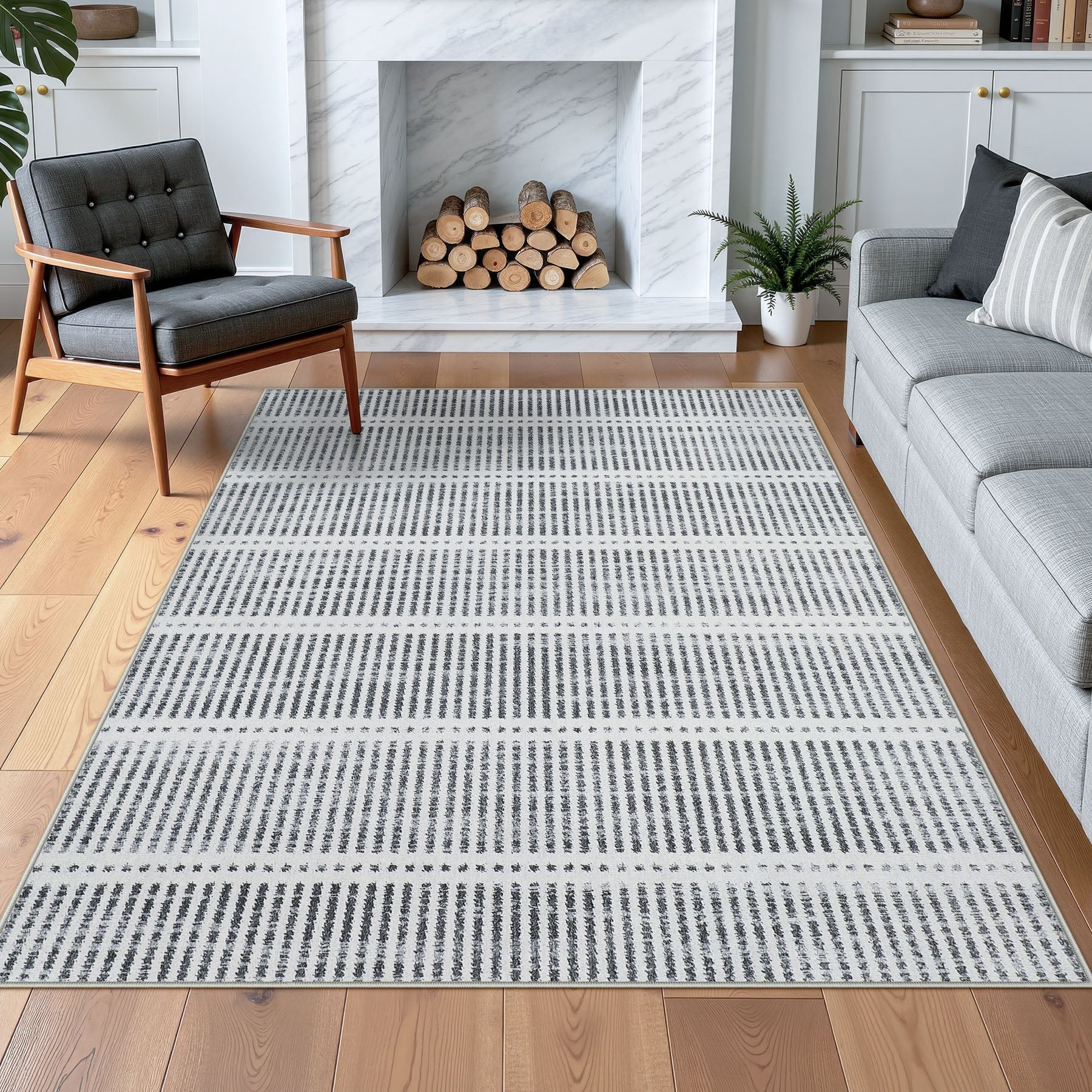 3x5/5x7 Ultra Thin Washable Area Rugs, Modern Non-Slip Striped Farmhouse Soft Indoor Carpet for Bedside Living Room, Oeko-Tex Certified