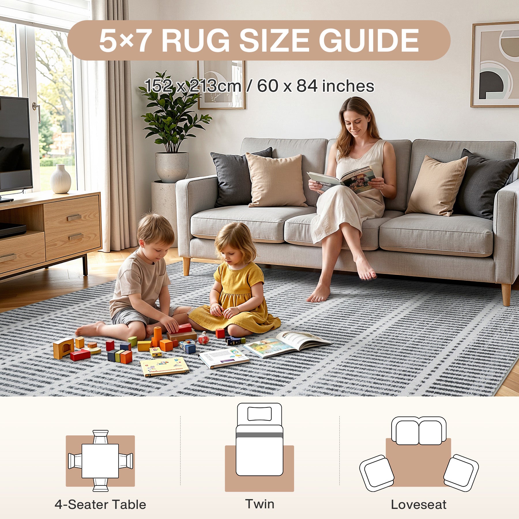 3x5/5x7 Ultra Thin Washable Area Rugs, Modern Non-Slip Striped Farmhouse Soft Indoor Carpet for Bedside Living Room, Oeko-Tex Certified