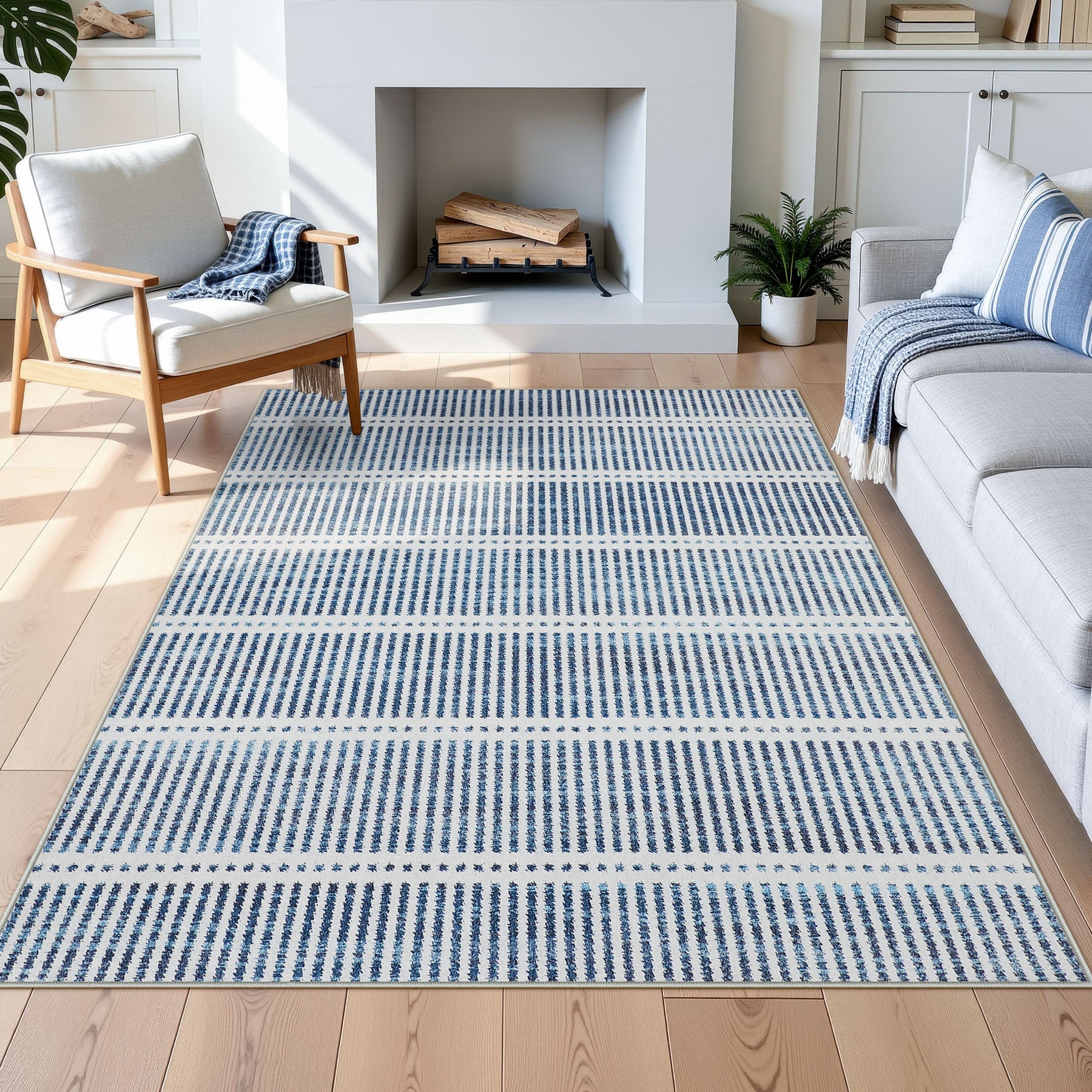 3x5/5x7 Ultra Thin Washable Area Rugs, Modern Non-Slip Striped Farmhouse Soft Indoor Carpet for Bedside Living Room, Oeko-Tex Certified