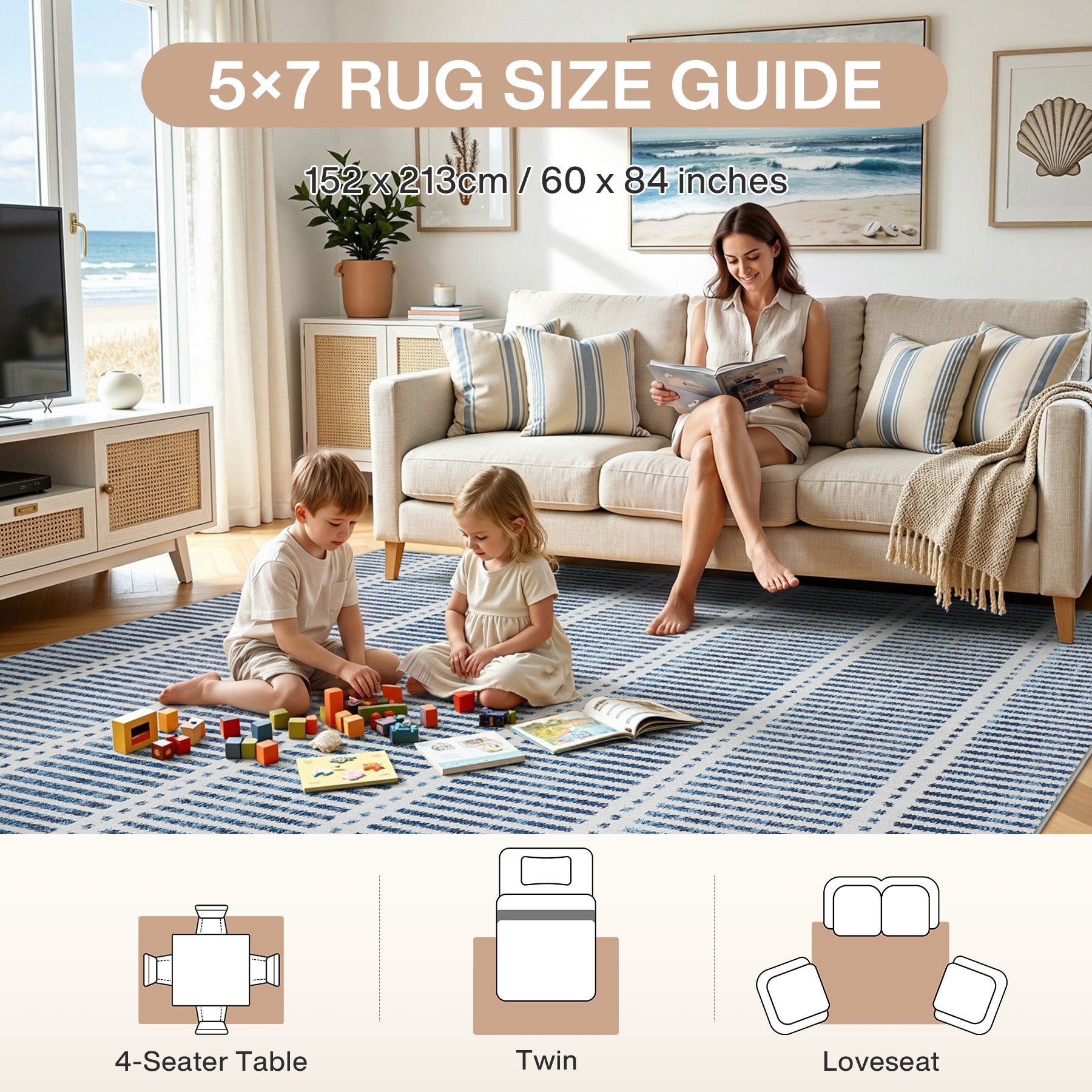 3x5/5x7 Ultra Thin Washable Area Rugs, Modern Non-Slip Striped Farmhouse Soft Indoor Carpet for Bedside Living Room, Oeko-Tex Certified