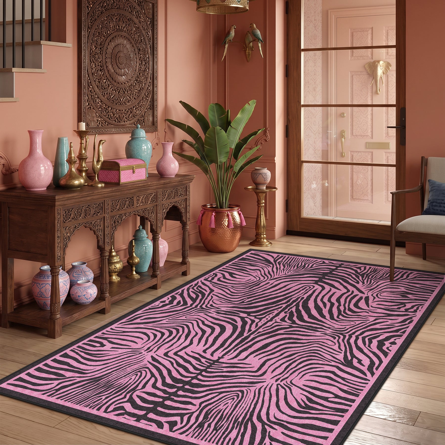 5x7 Zebra Print Washable Area Rug, Boho Modern Animal Soft Non Slip Nursery Living Room Carpet, Oeko-Tex Certified