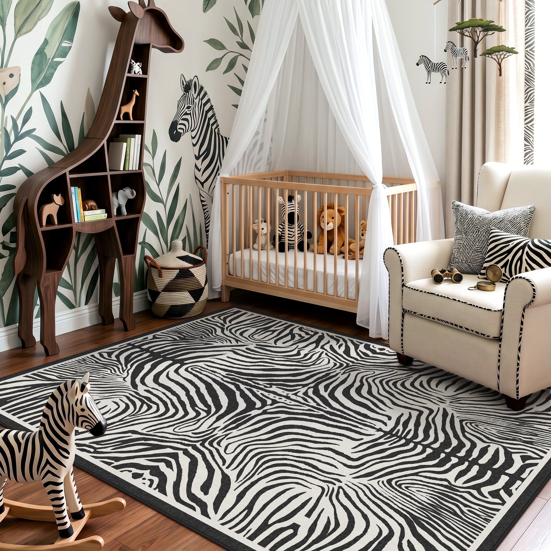 5x7 Zebra Print Washable Area Rug, Boho Modern Animal Soft Non Slip Nursery Living Room Carpet, Oeko-Tex Certified