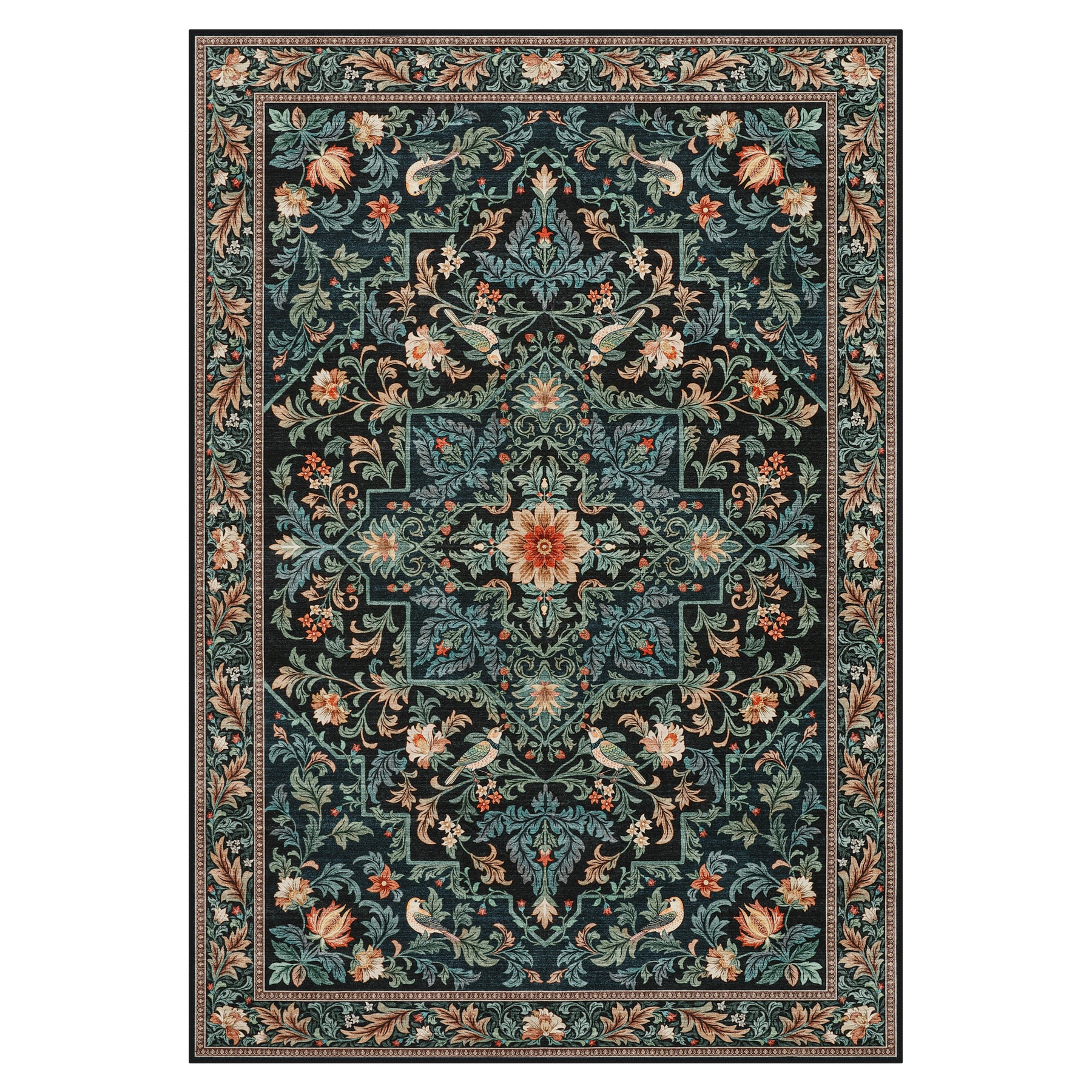 Floral Bird Area Rug, Machine Washable Boho Rug in Green & Blue, 5x7 / 8x10, Non-Slip Indoor Outdoor Living Room