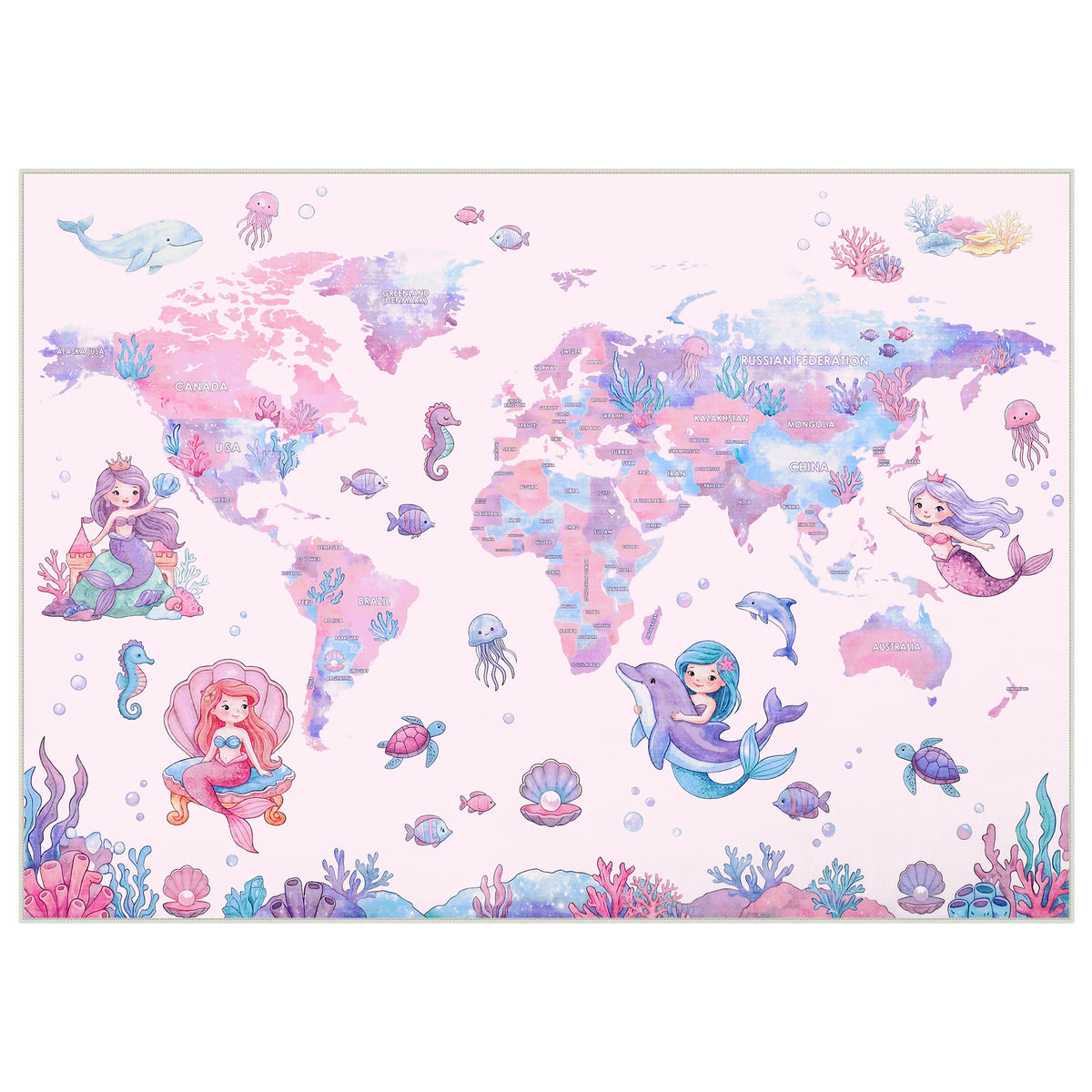 Soft Non‑Slip Low‑Pile, Cute Mermaid Ocean Animal Play Mat for Nursery Girls’ Bedroom Living Room